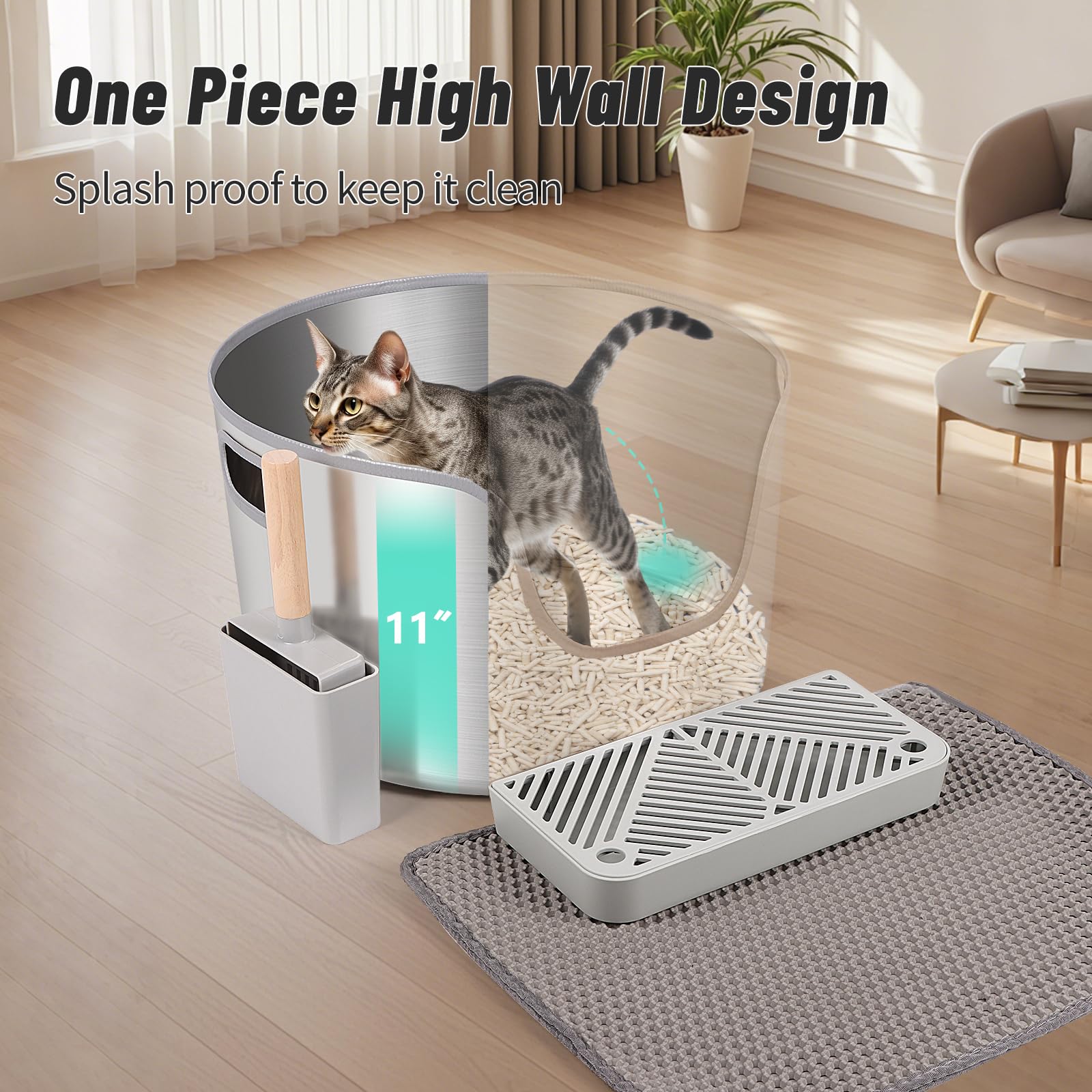 Bartuke high-sides stainless steel litter box reduces litter spray