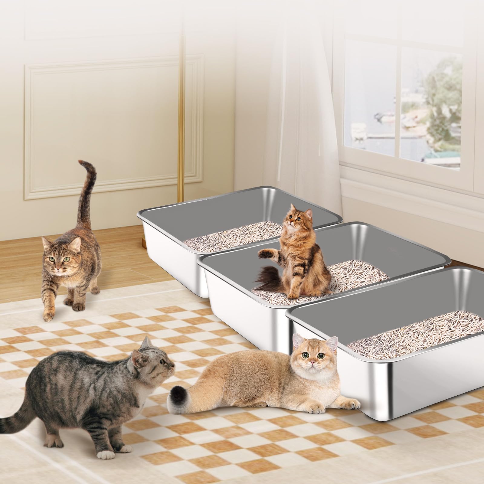 Bartuke 3-pack stainless steel litter boxes for multi-cat convenience