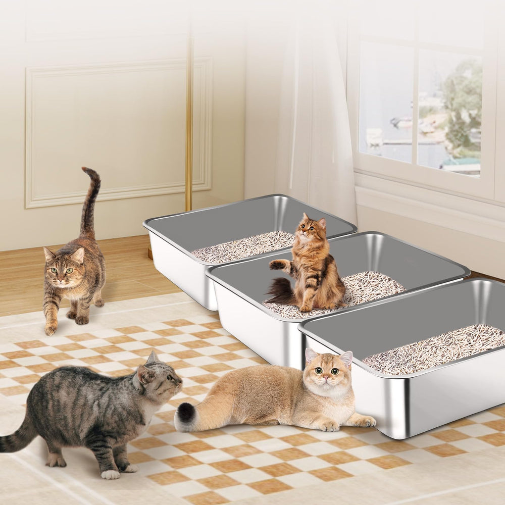 Bartuke 3-pack stainless steel litter boxes for multi-cat convenience