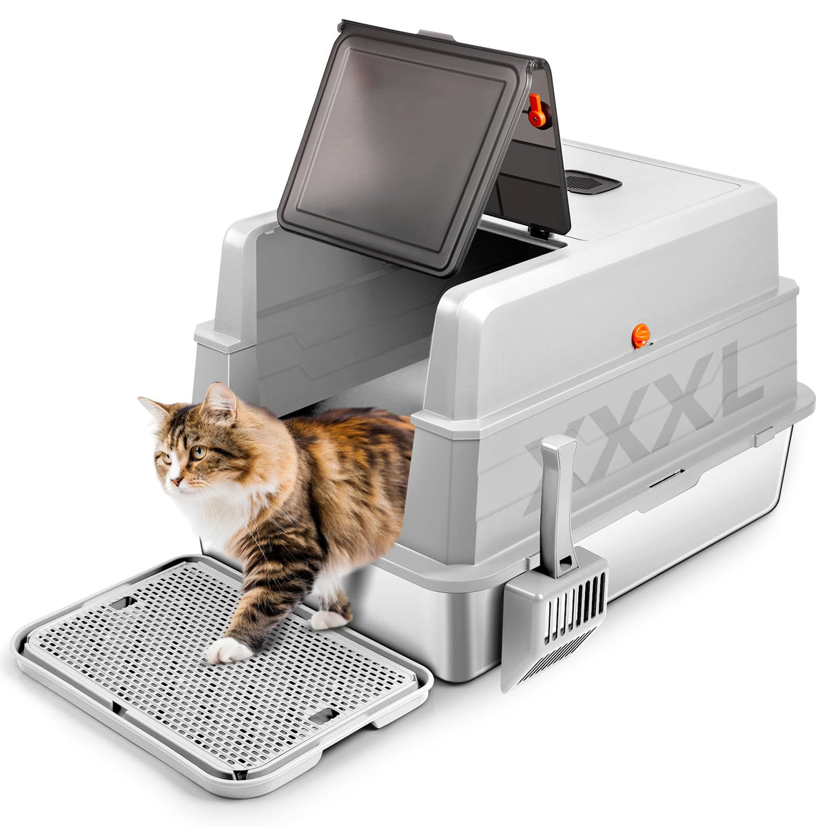 Bartuke XXXL stainless steel litter box front view with lid for easy cleaning and odor containment.