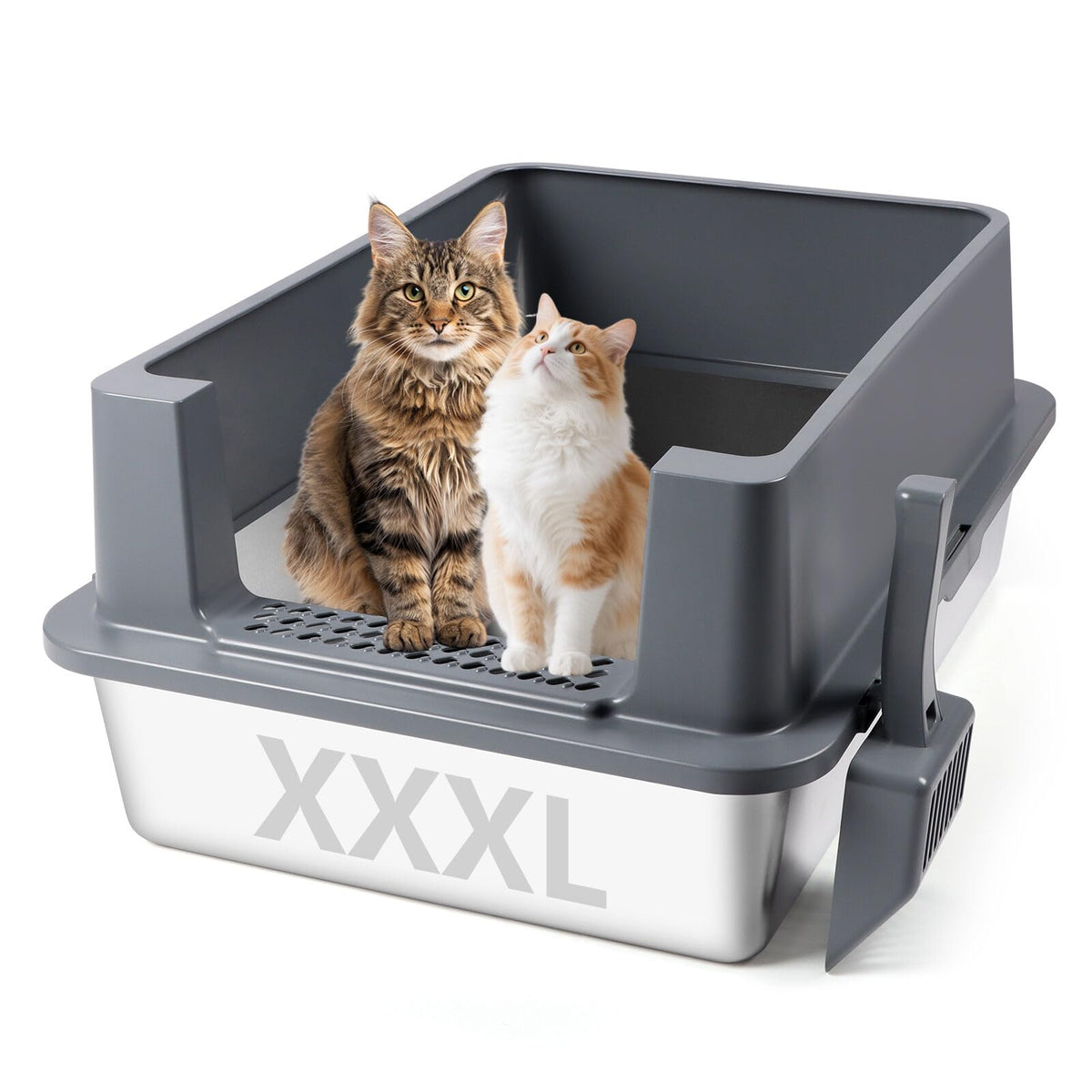 Bartuke XXXL stainless-steel litter box front view showing spacious interior for big cats