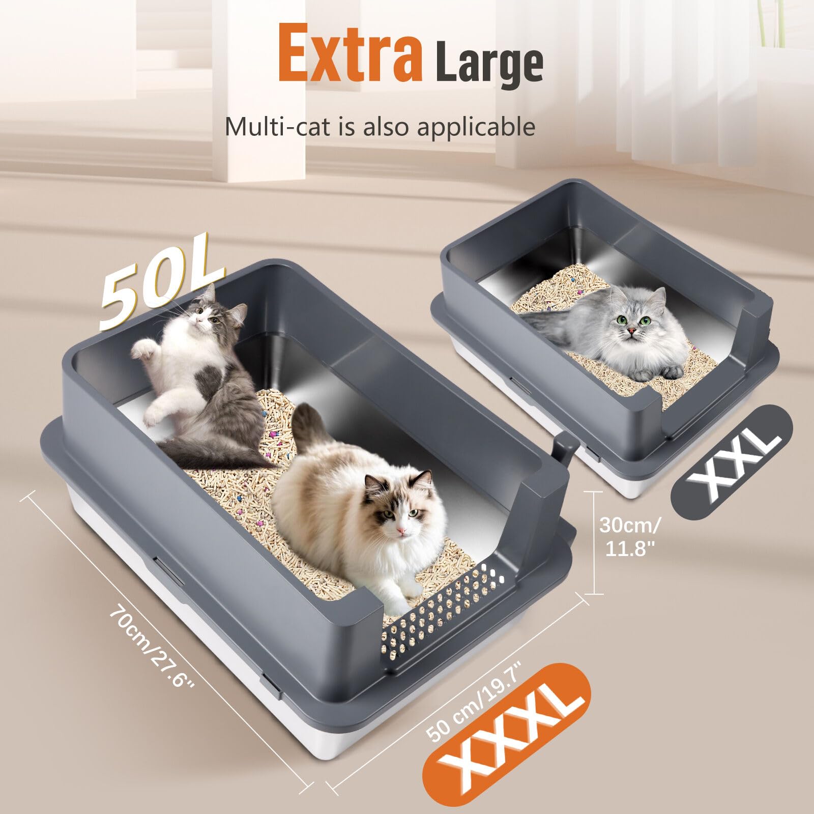 Bartuke XXXL stainless-steel litter box side with high edge to contain splashes