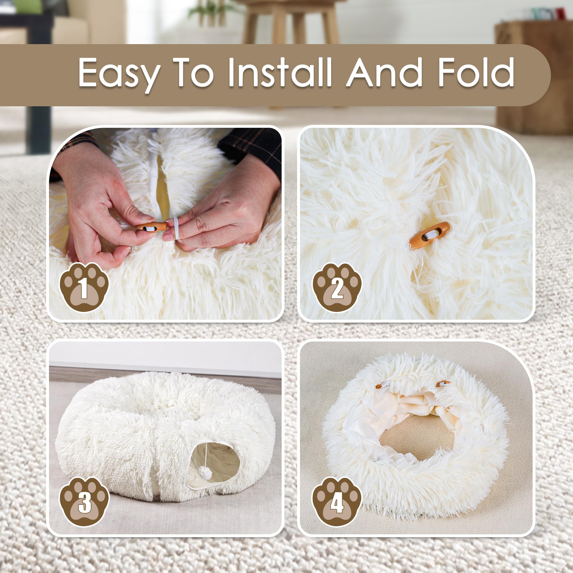 Baseola cat tunnel bed hanging-toy at exit adds interactive chase fun.