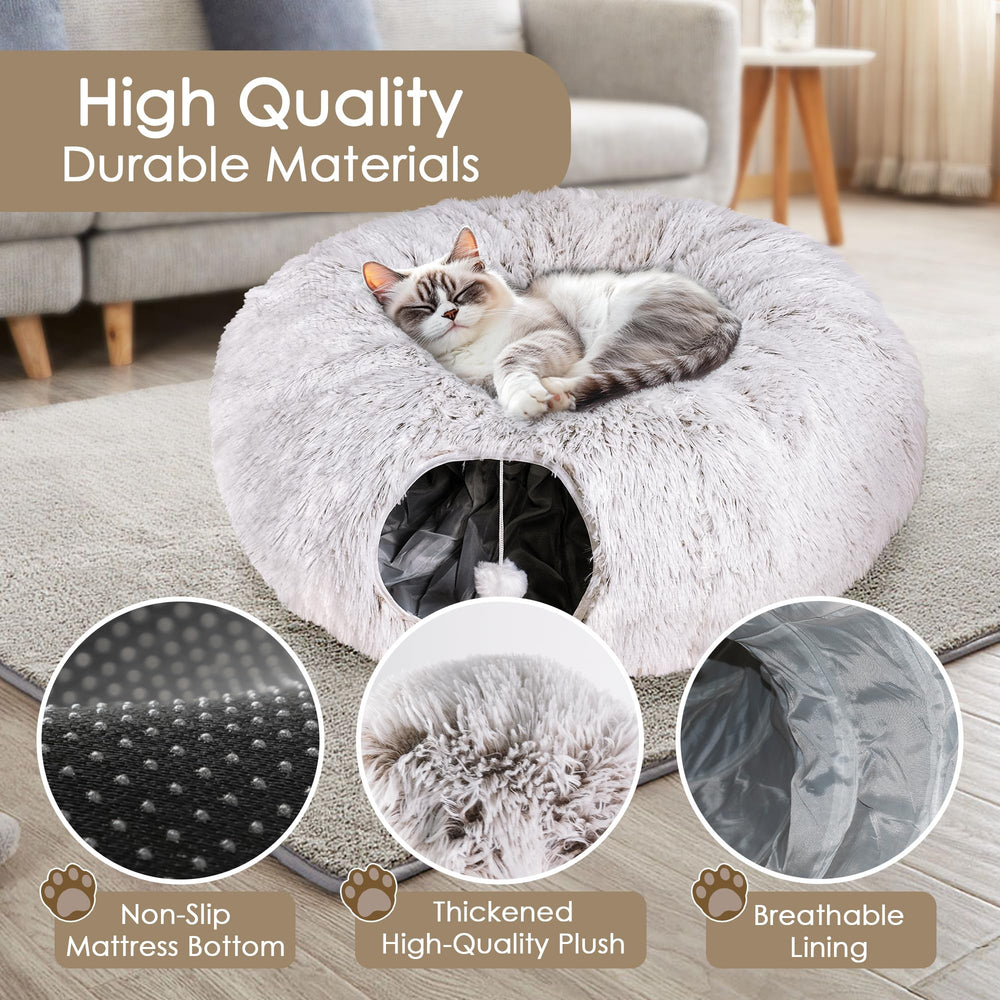 Baseola cat tunnel bed removable washable mat simplifies cleaning after playtime.