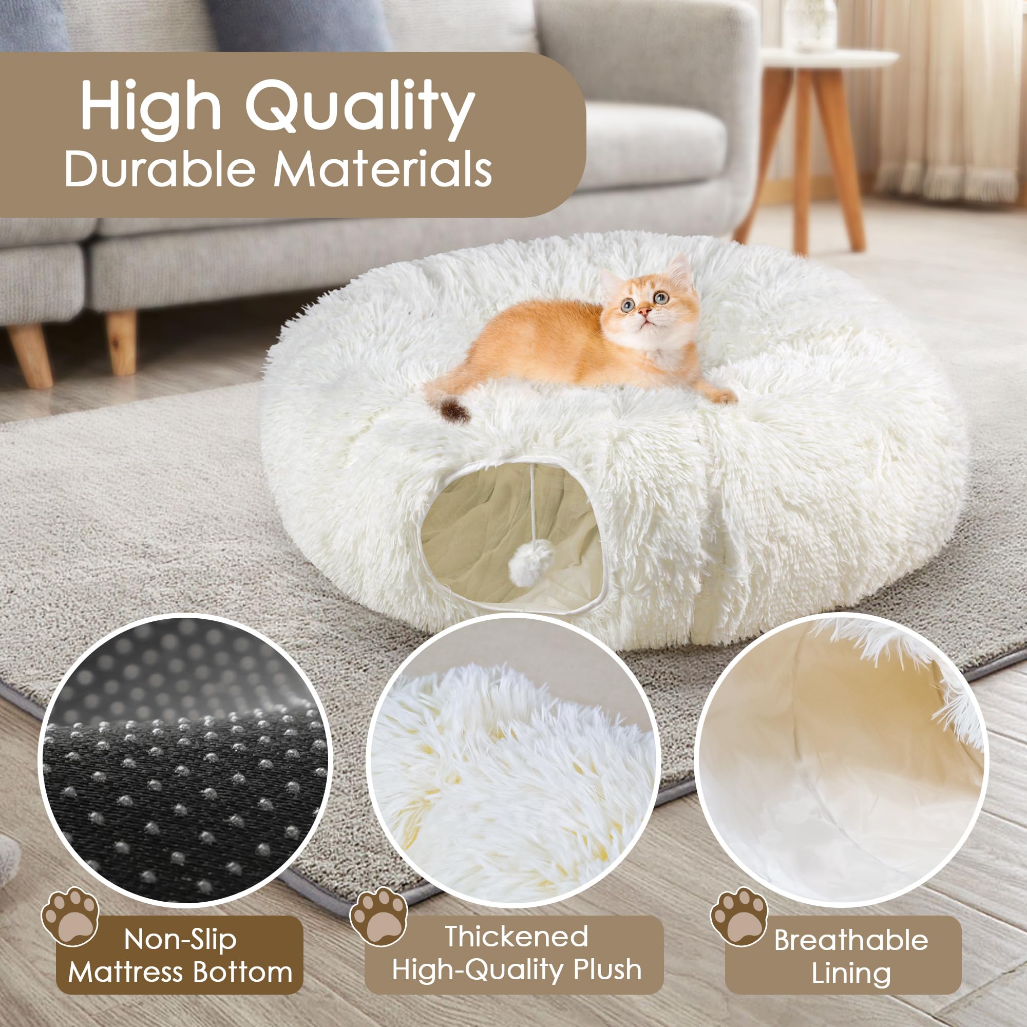 Baseola cat tunnel bed soft-plush fabric provides cozy resting after play.