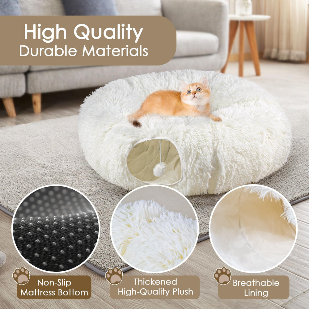 Baseola cat tunnel bed soft-plush fabric provides cozy resting after play.