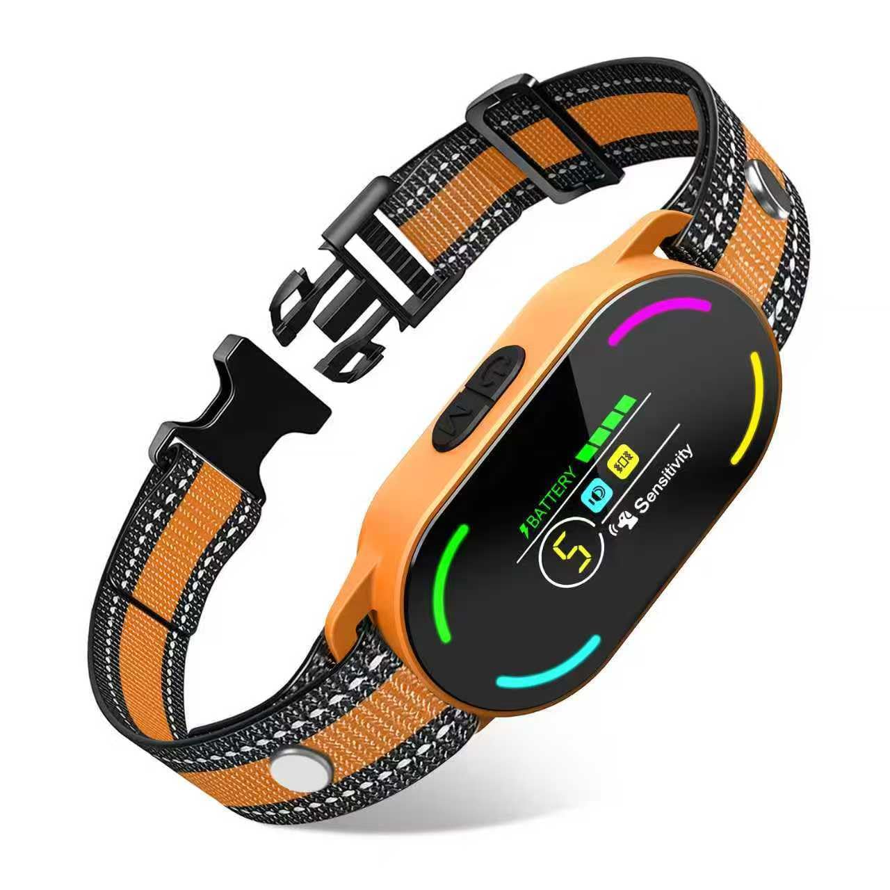 Bassflows dog bark collar close-up highlighting the AI chip for precise detection