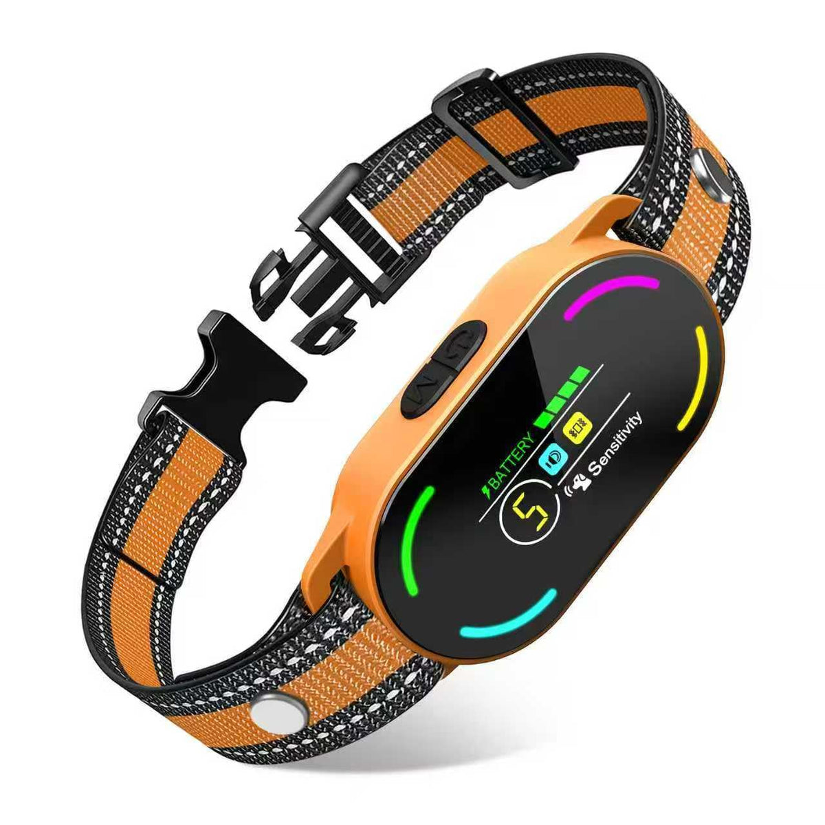 Bassflows dog bark collar close-up highlighting the AI chip for precise detection