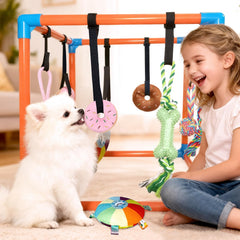 BASTIPETA Puppy Play Gym eight-toys showcases varied textures for enrichment.