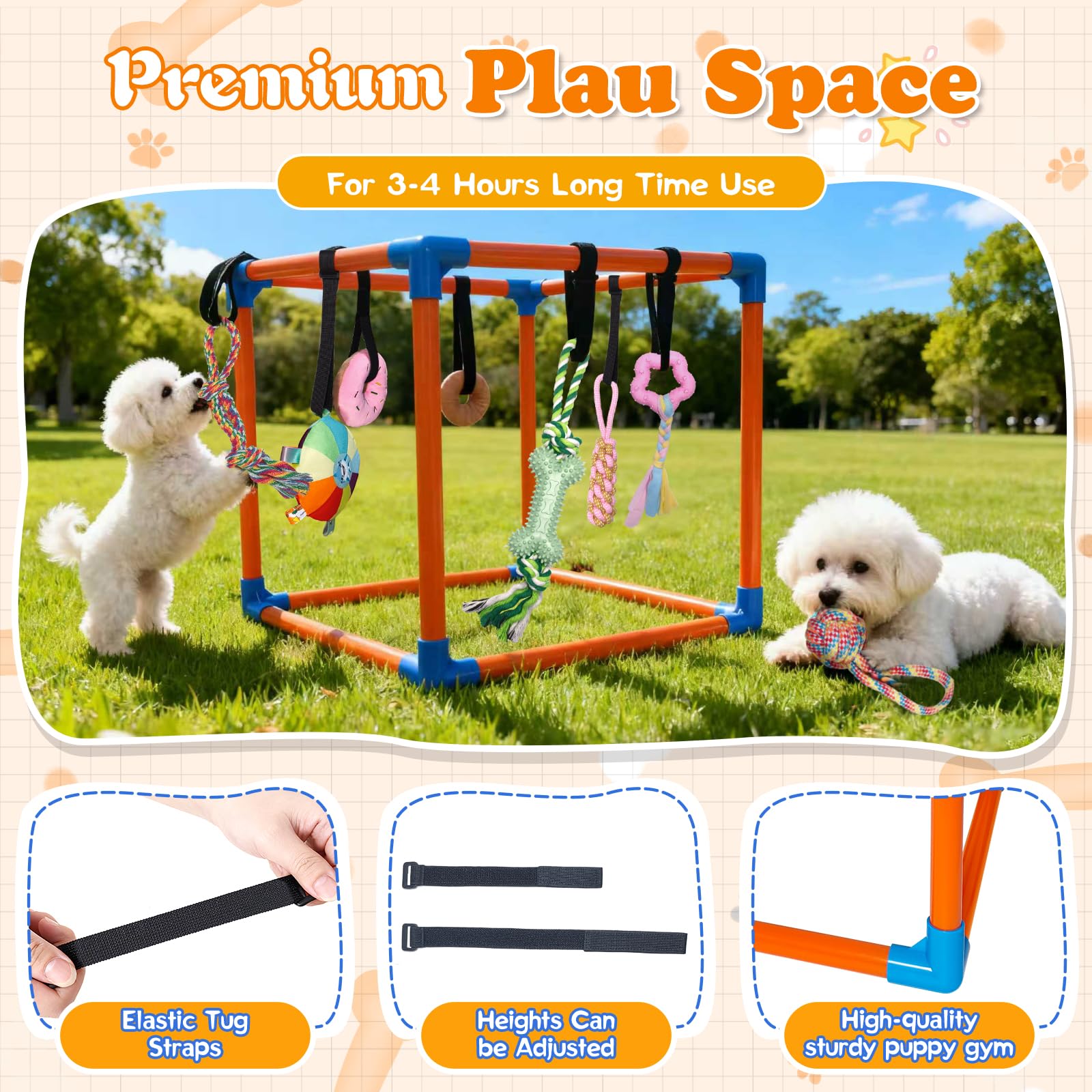 BASTIPETA Puppy Play Gym hanging-toys-closeup shows plush, squeaky, and chew textures.