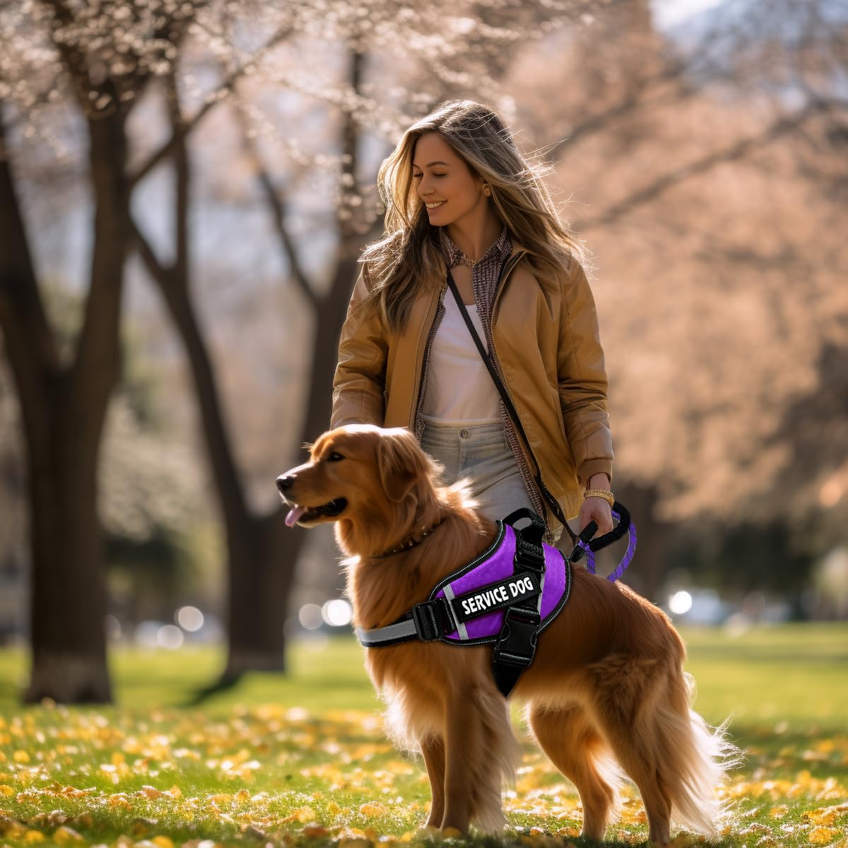 Bcadem service dog vest with reflective straps for high visibility at night.