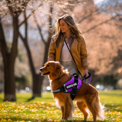 Bcadem service dog vest with reflective straps for high visibility at night.