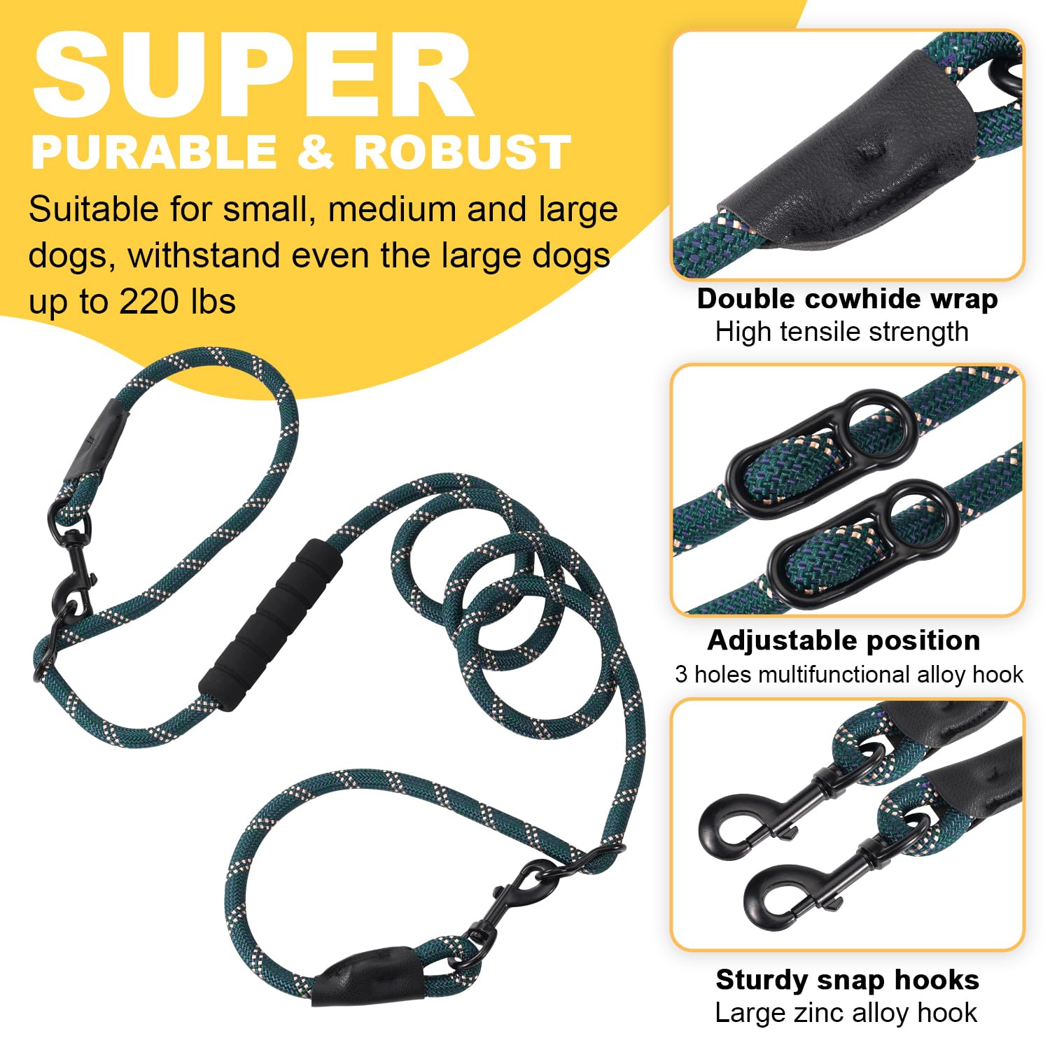 Bcadem versatile 7.5ft leash night-reflective strip boosts visibility after dusk.