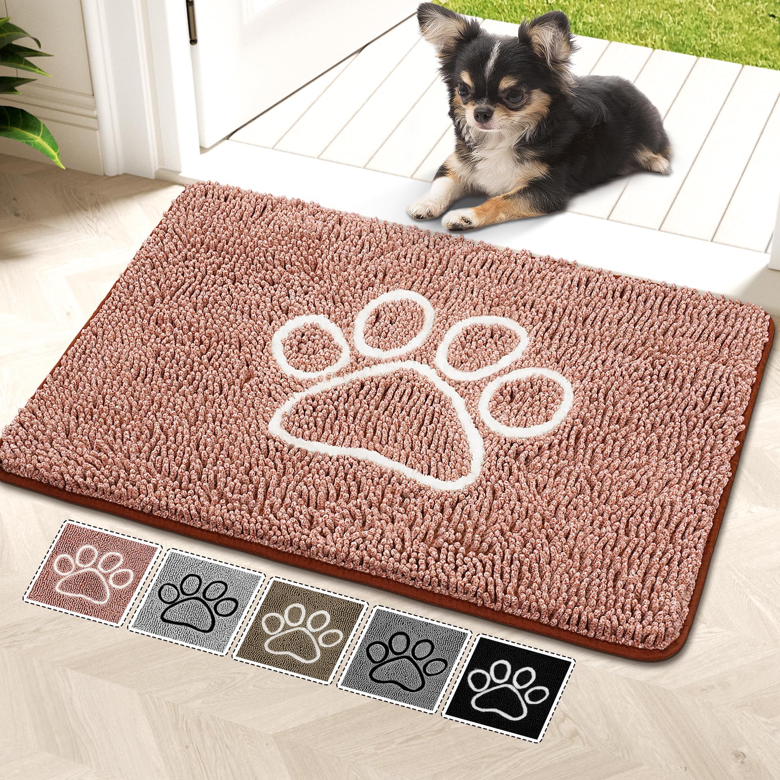 Bcoimo super absorbent dog door mat front view; captures moisture and reduces floor mess.