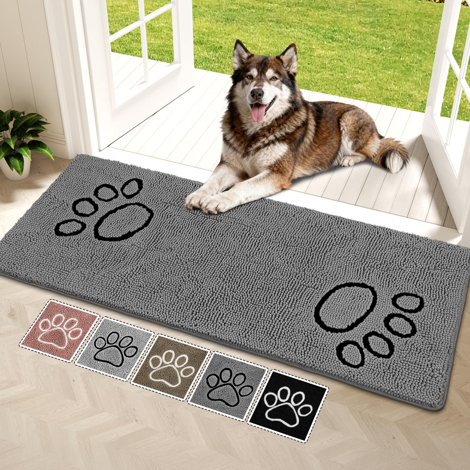 Bcoimo super absorbent dog door mat shown in entryway reduces mud and moisture.