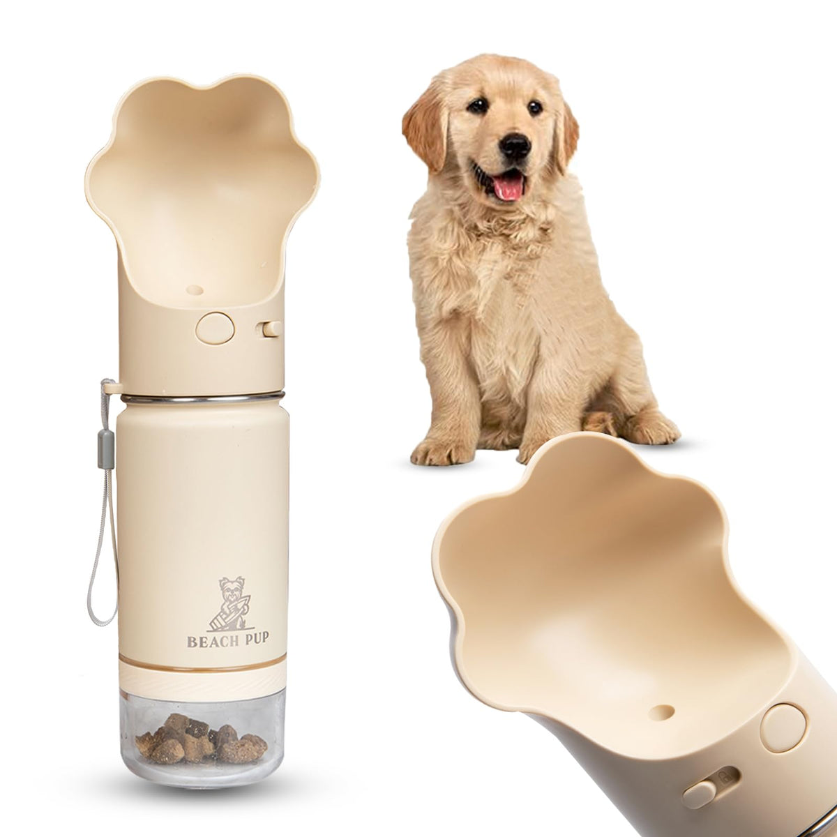 BEACHPUP dog water bottle cream lid for secure travel hydration on walks