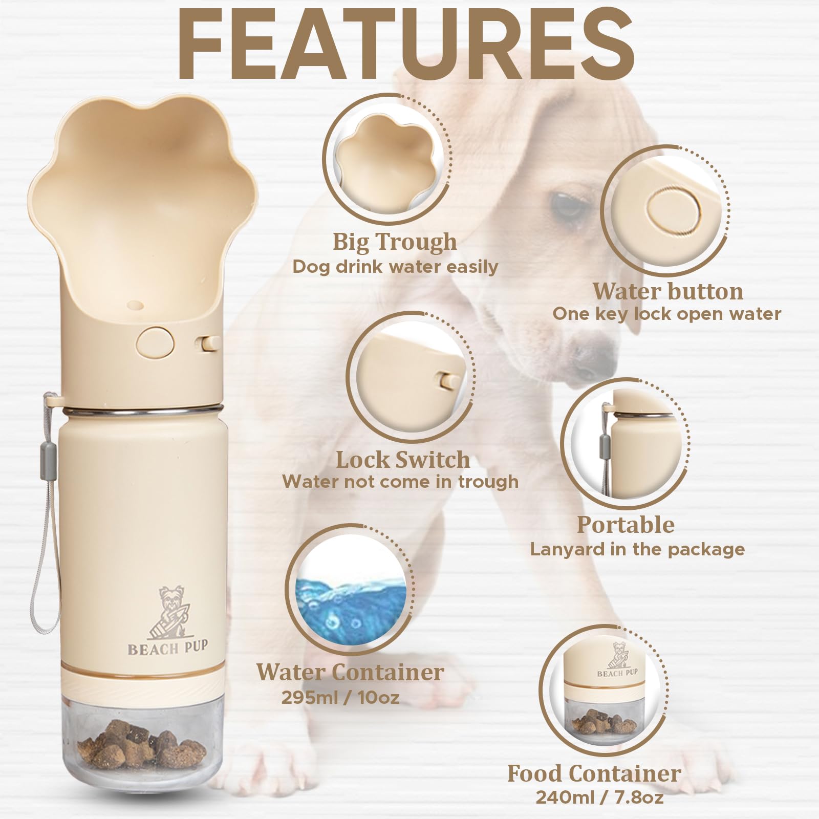 BEACHPUP dog water bottle cream paw-button operates easily during hikes