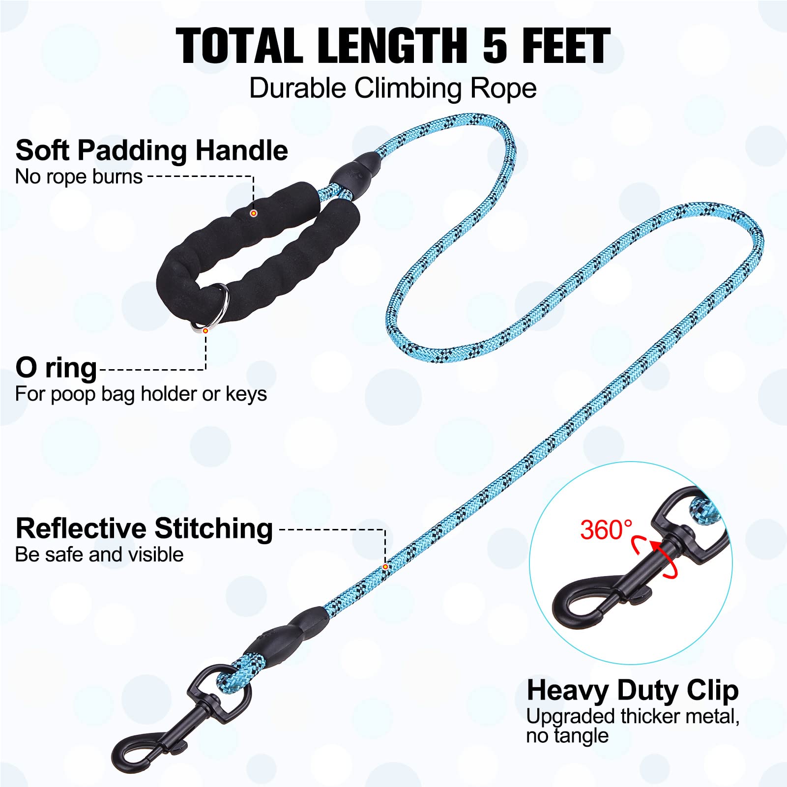 BEAUTYZOO 5ft reflective leash promotes safe, spacious leash manners.
