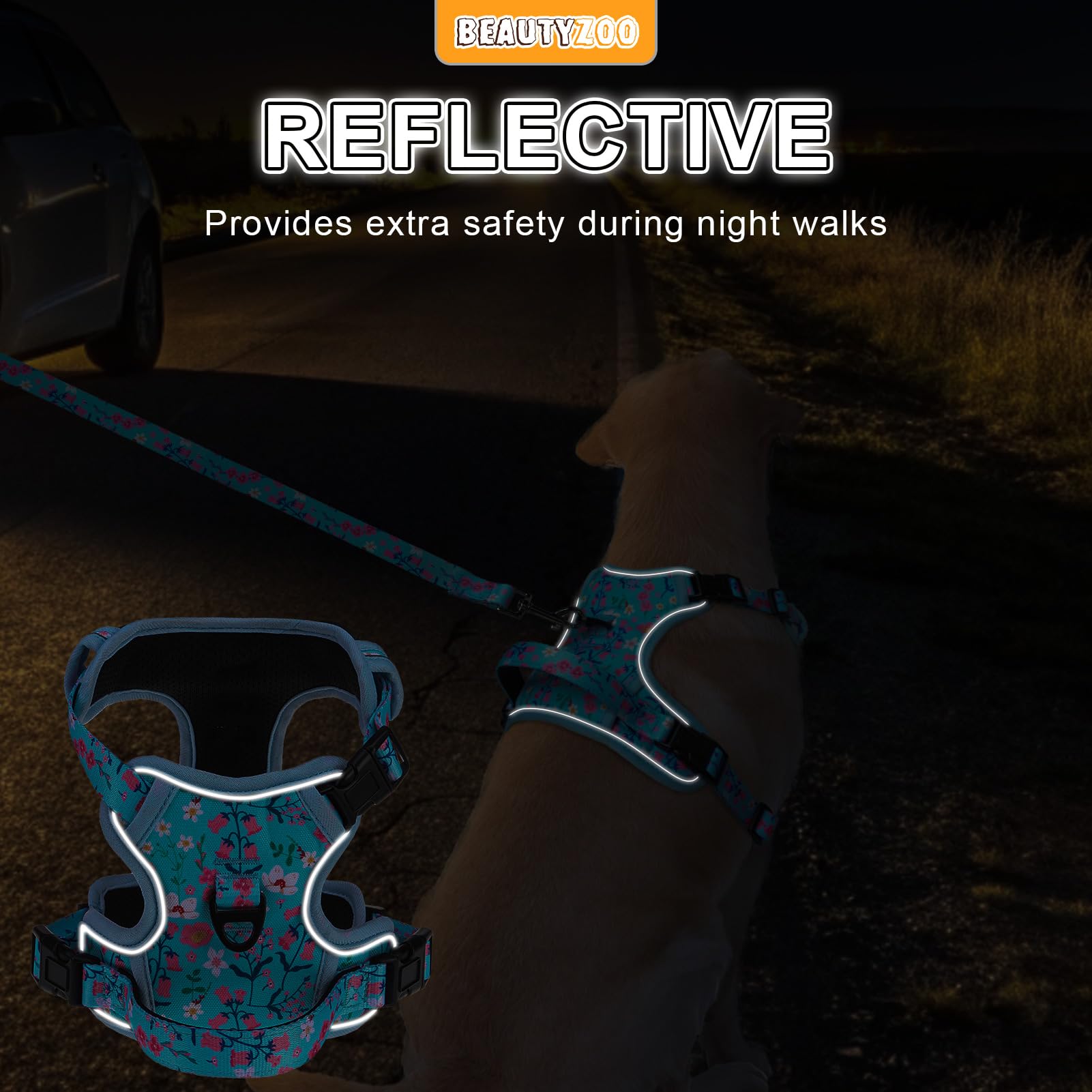 BEAUTYZOO adjustable harness with four points for snug, grow-with-dog fit.