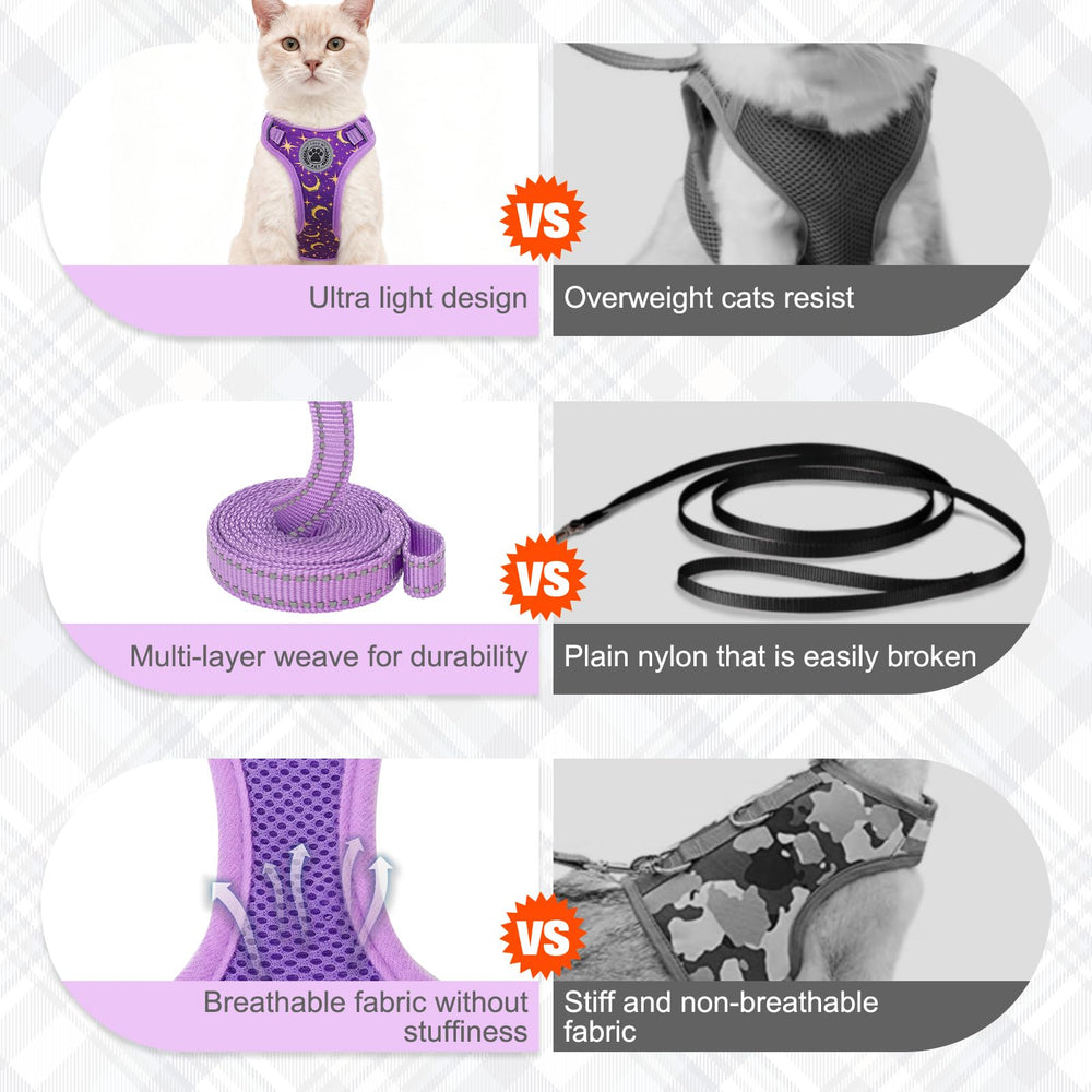 BEAUTYZOO Cat Harness Reflective Trim Purple close-up for night visibility.