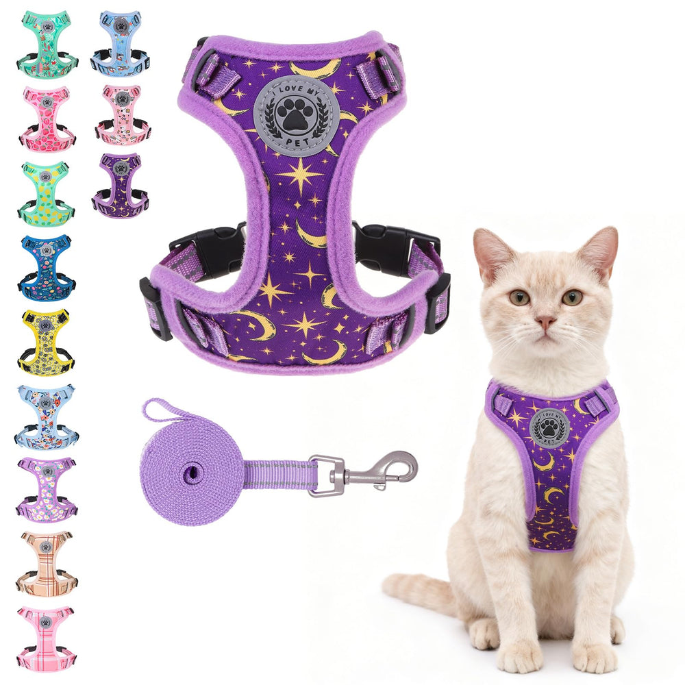 BEAUTYZOO Cat Harness Star Design Purple front view for secure outdoor walks.