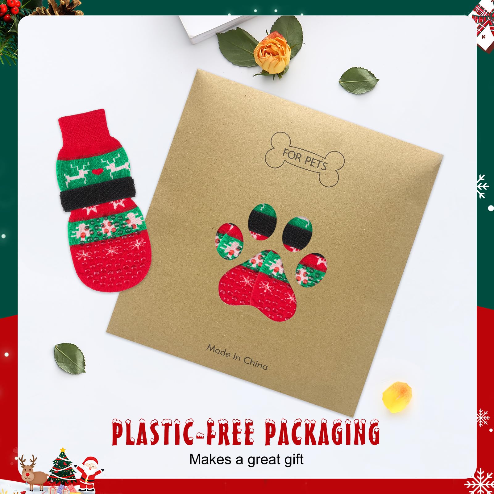 BEAUTYZOO Christmas-style dog socks shown for holiday wear and gifting.
