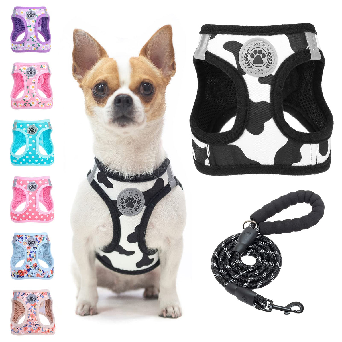 BEAUTYZOO cow print harness on a small dog for comfortable daily walks