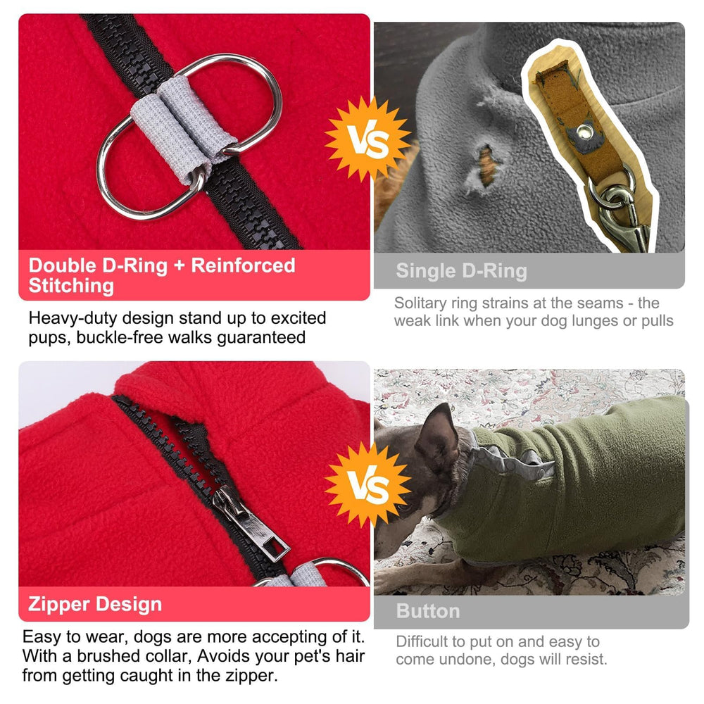 BEAUTYZOO dog fleece vest dual-D-ring attachment supports secure leash on short outings.