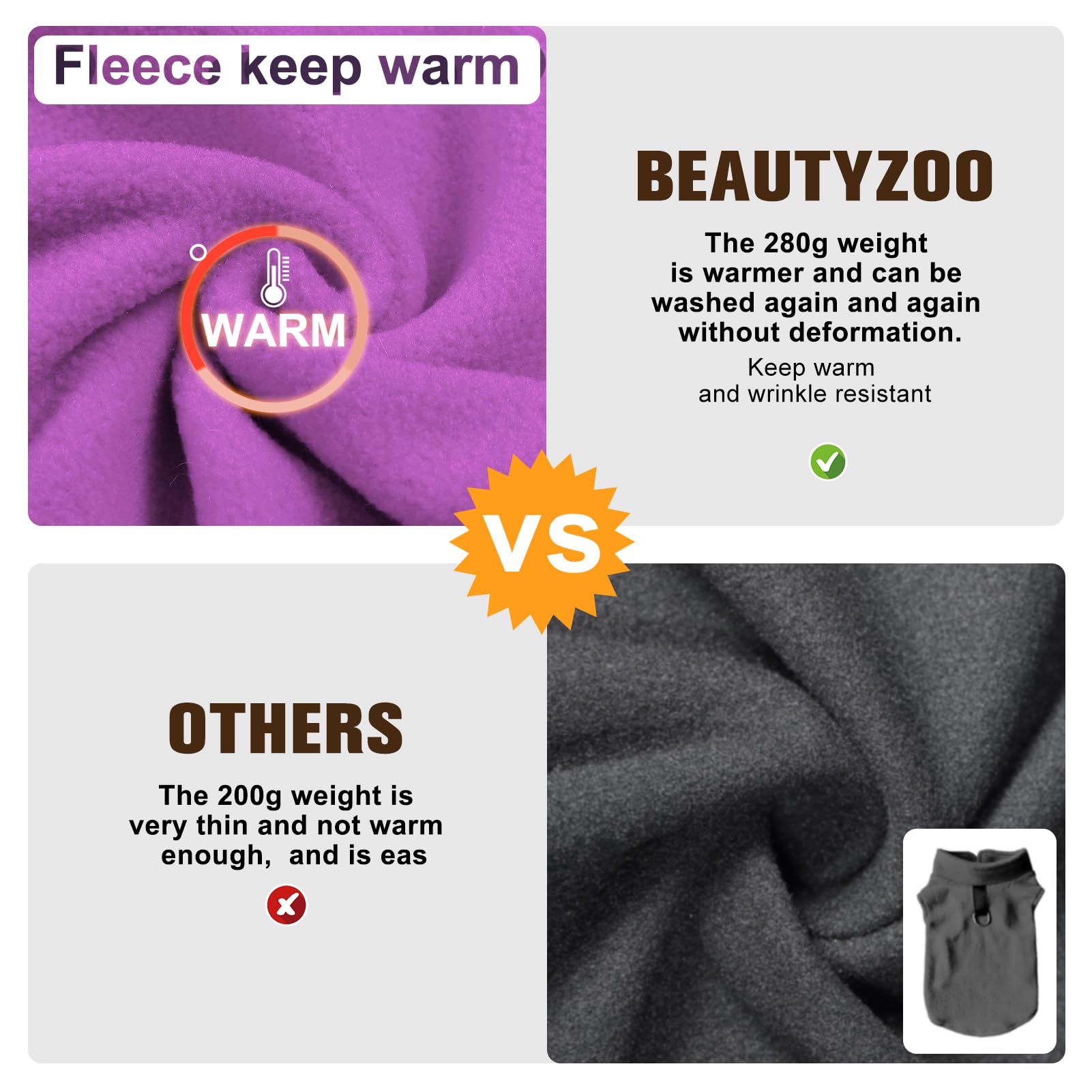 BEAUTYZOO Dog Fleece Vest sizing chart image helps choose fit.