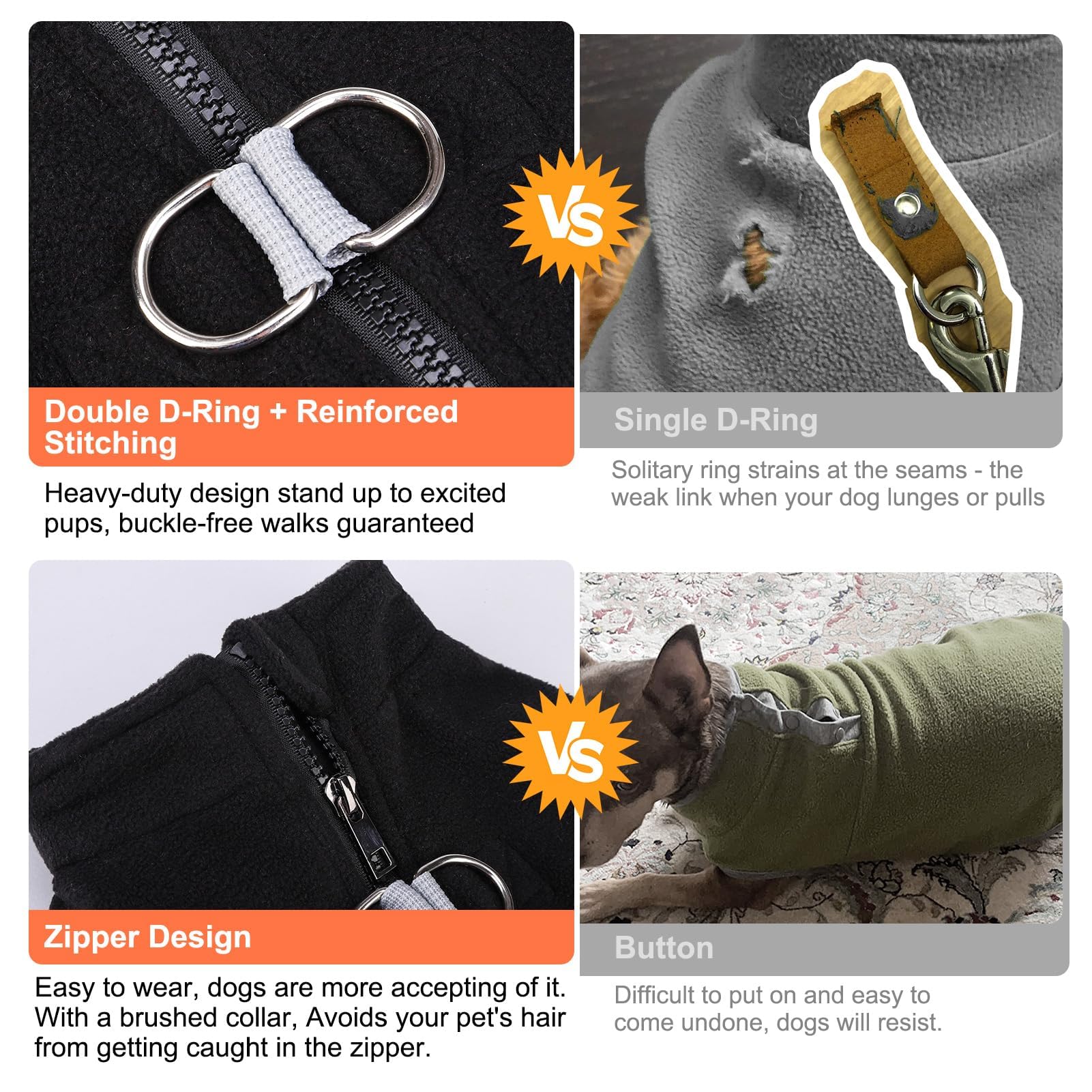BEAUTYZOO dog fleece vest sweater dual D-Ring shows secure leash attachment for walks.