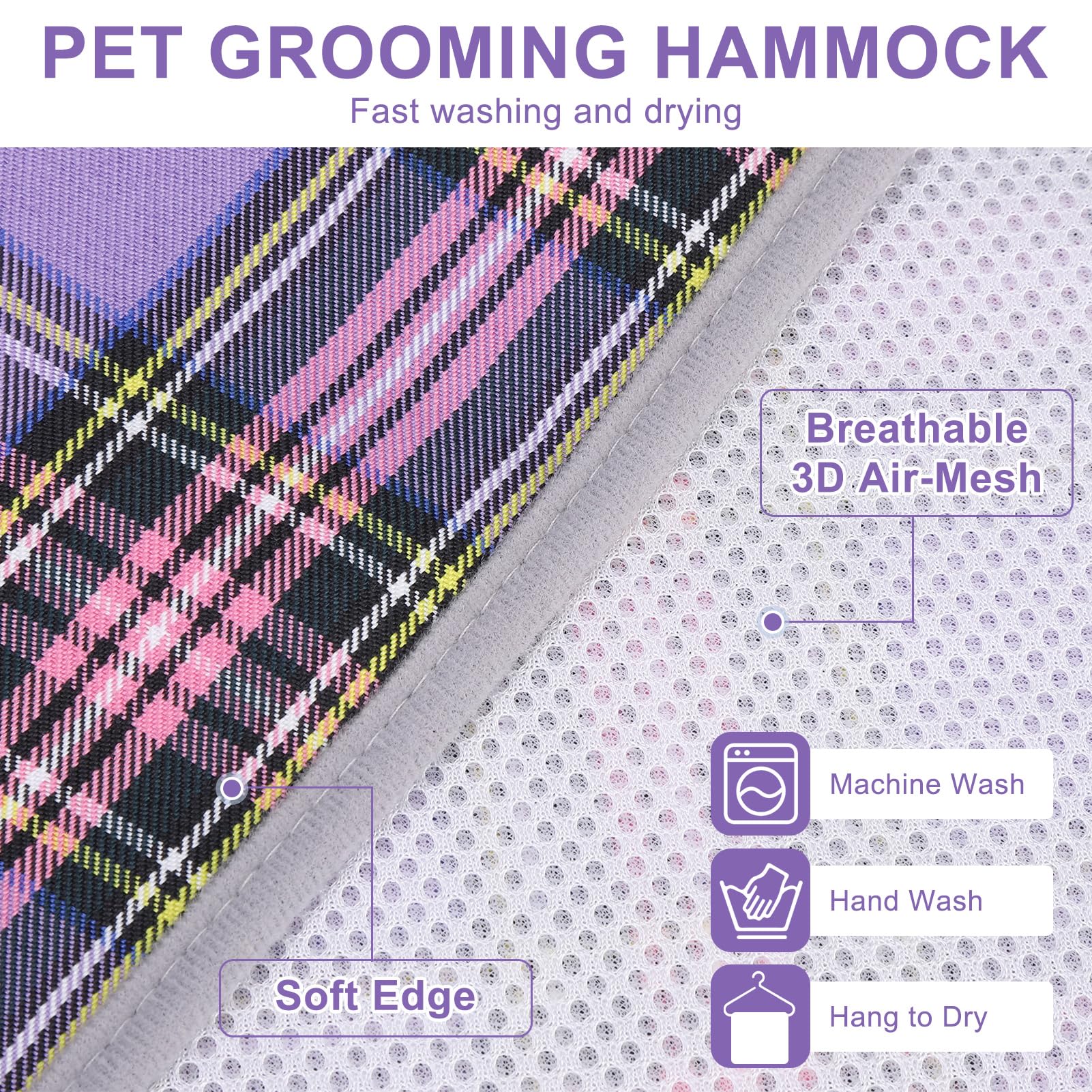 BeautyZoo dog grooming hammock 3D air mesh for breathability and comfort.