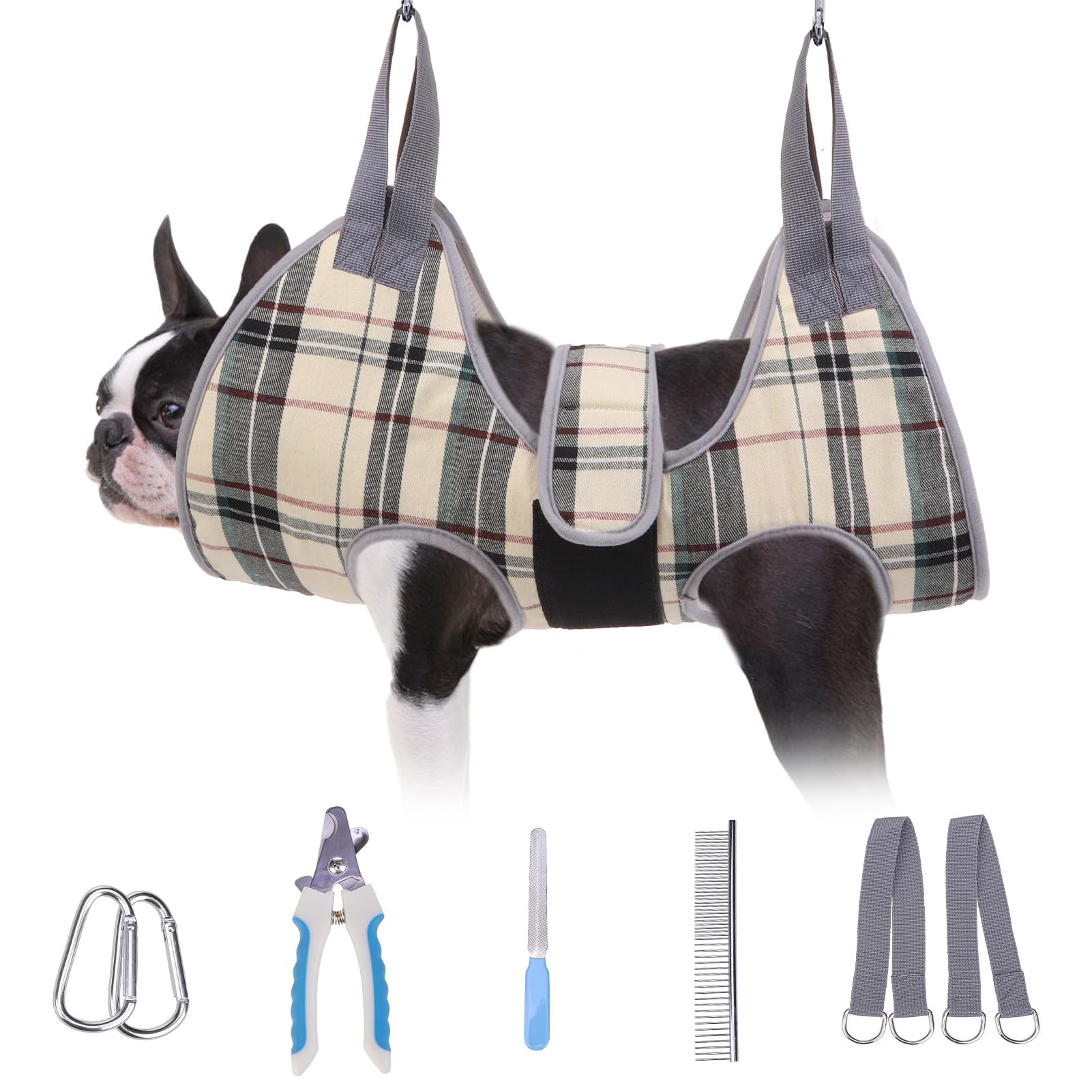 BEAUTYZOO dog grooming hammock beige overview showing calm home grooming setup