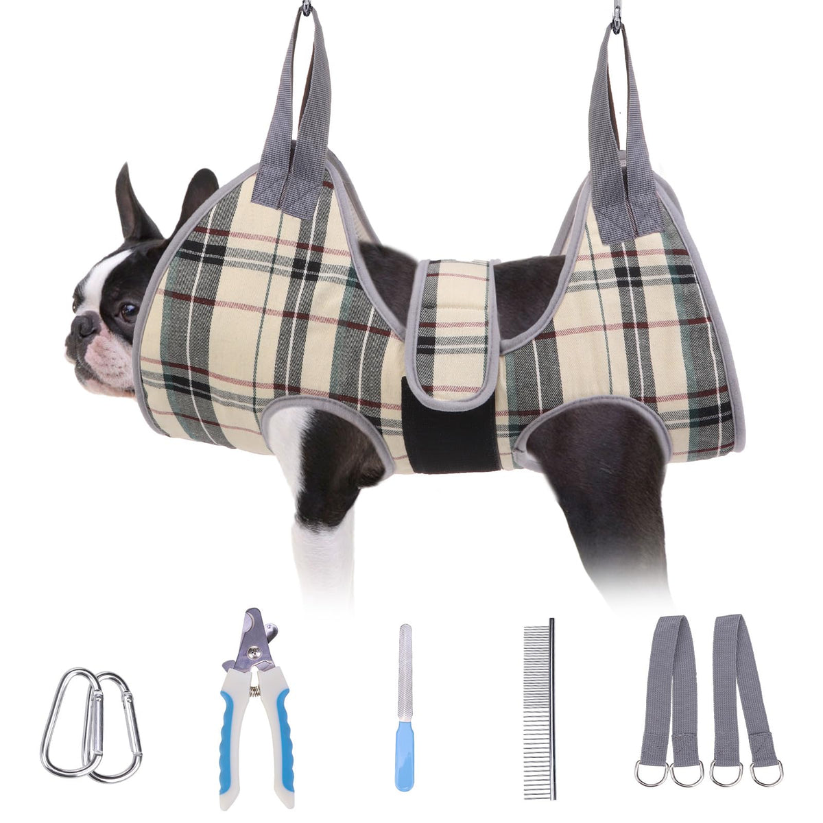BEAUTYZOO dog grooming hammock beige overview showing calm home grooming setup