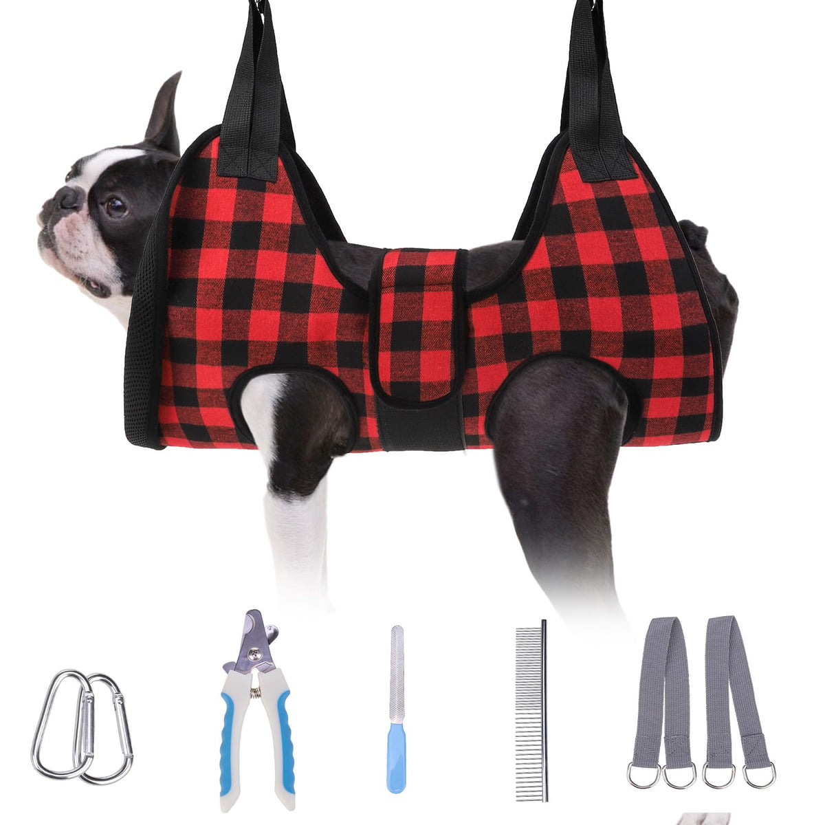 BEAUTYZOO dog grooming hammock harness buffalo plaid for safe, at-home nail trimming.
