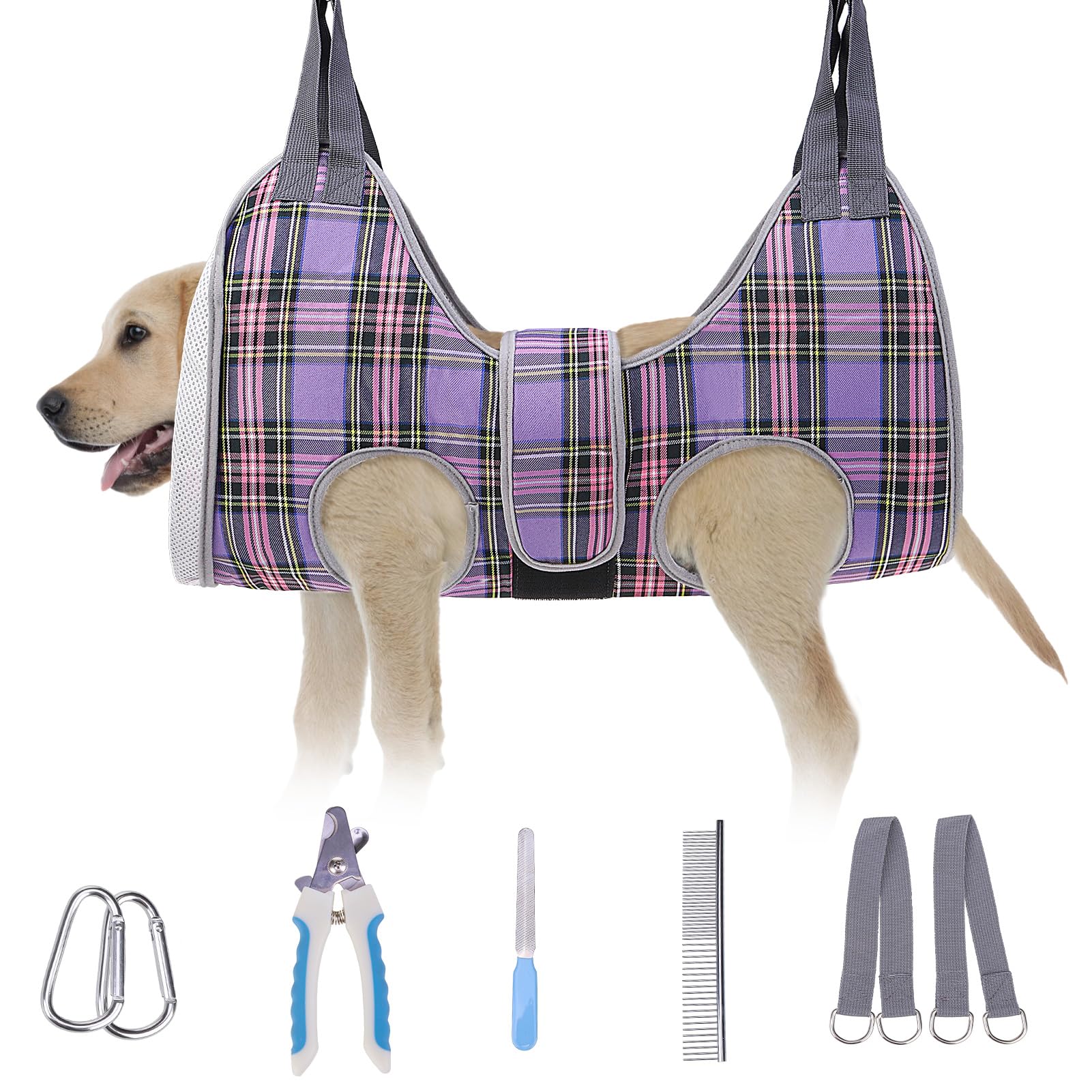 BEAUTYZOO dog grooming hammock for medium dogs, purple, safely supports trimming.