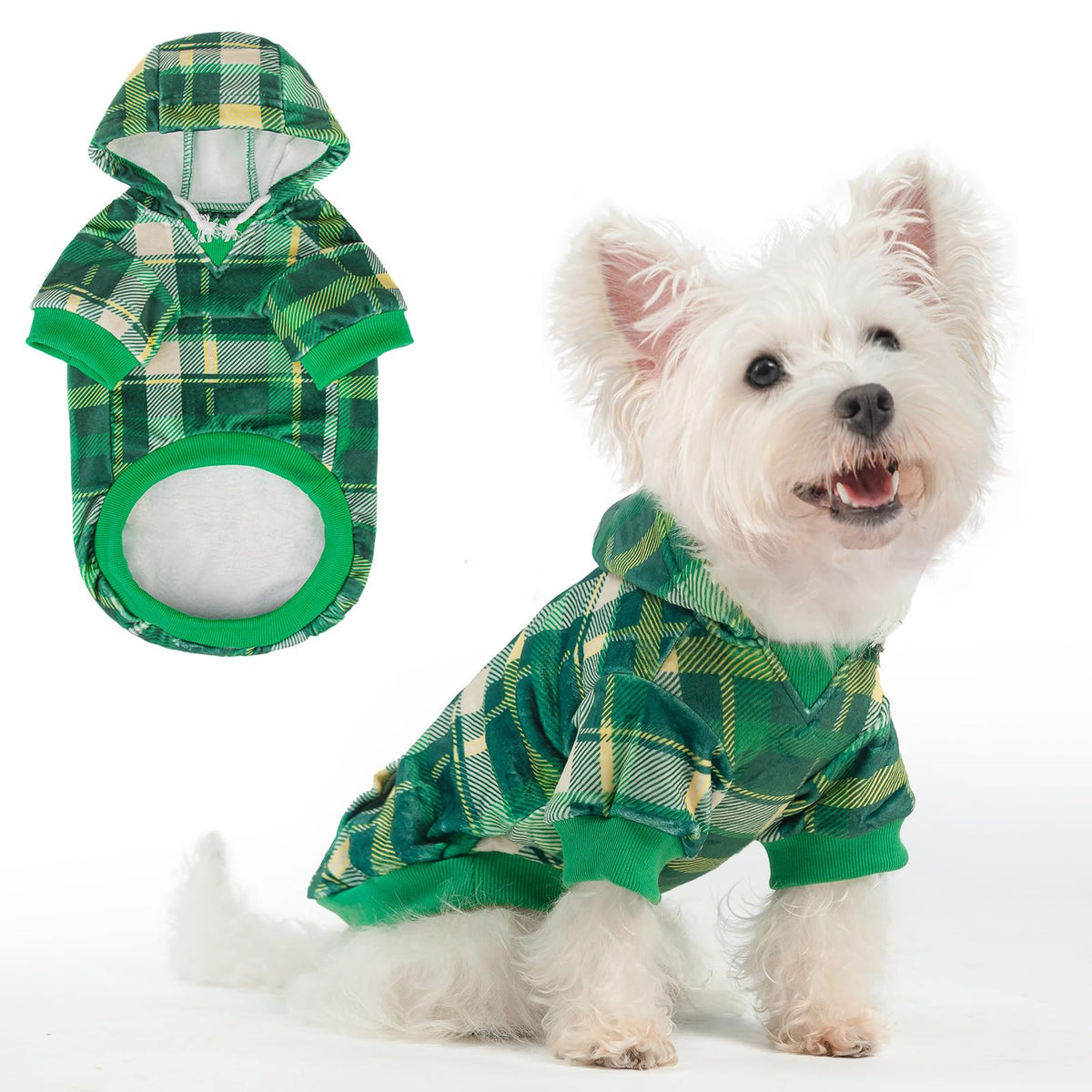 Beautyzoo dog hoodie plaid front view shows ultra-soft fleece for cozy wear.