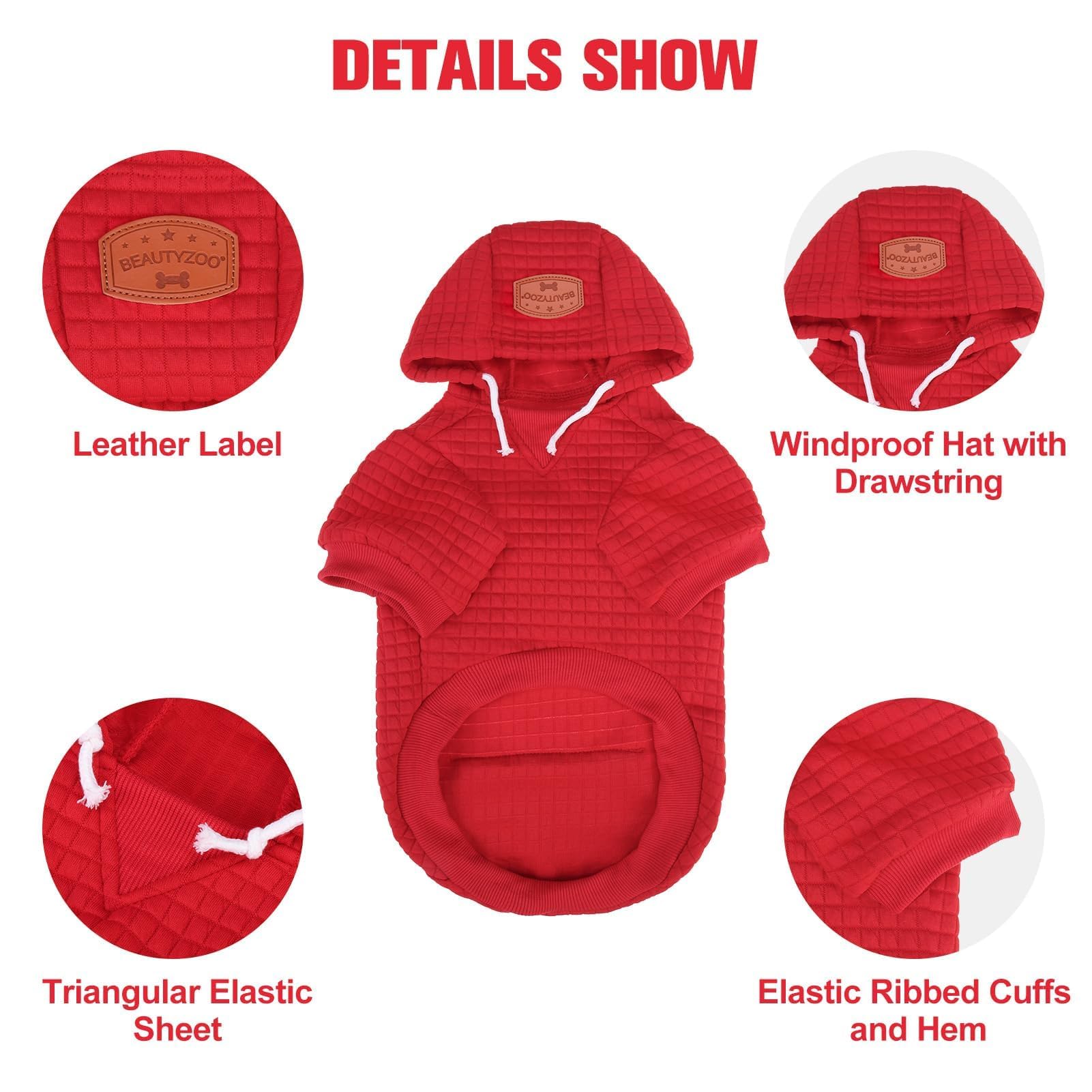 BEAUTYZOO dog hoodie with three-piece hood and drawstring for secure fit.