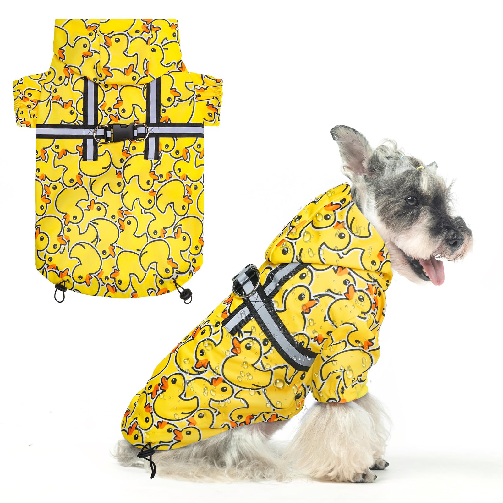 BEAUTYZOO dog raincoat hooded with harness visual keeps small dogs dry in rain.