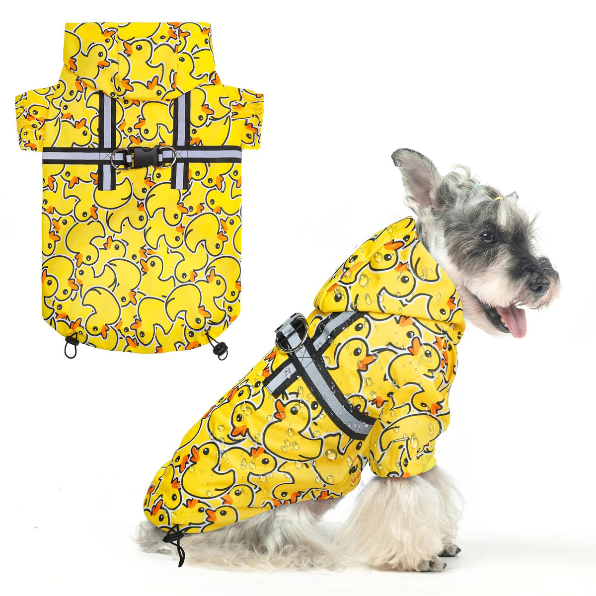 BEAUTYZOO dog raincoat hooded with harness visual keeps small dogs dry in rain.