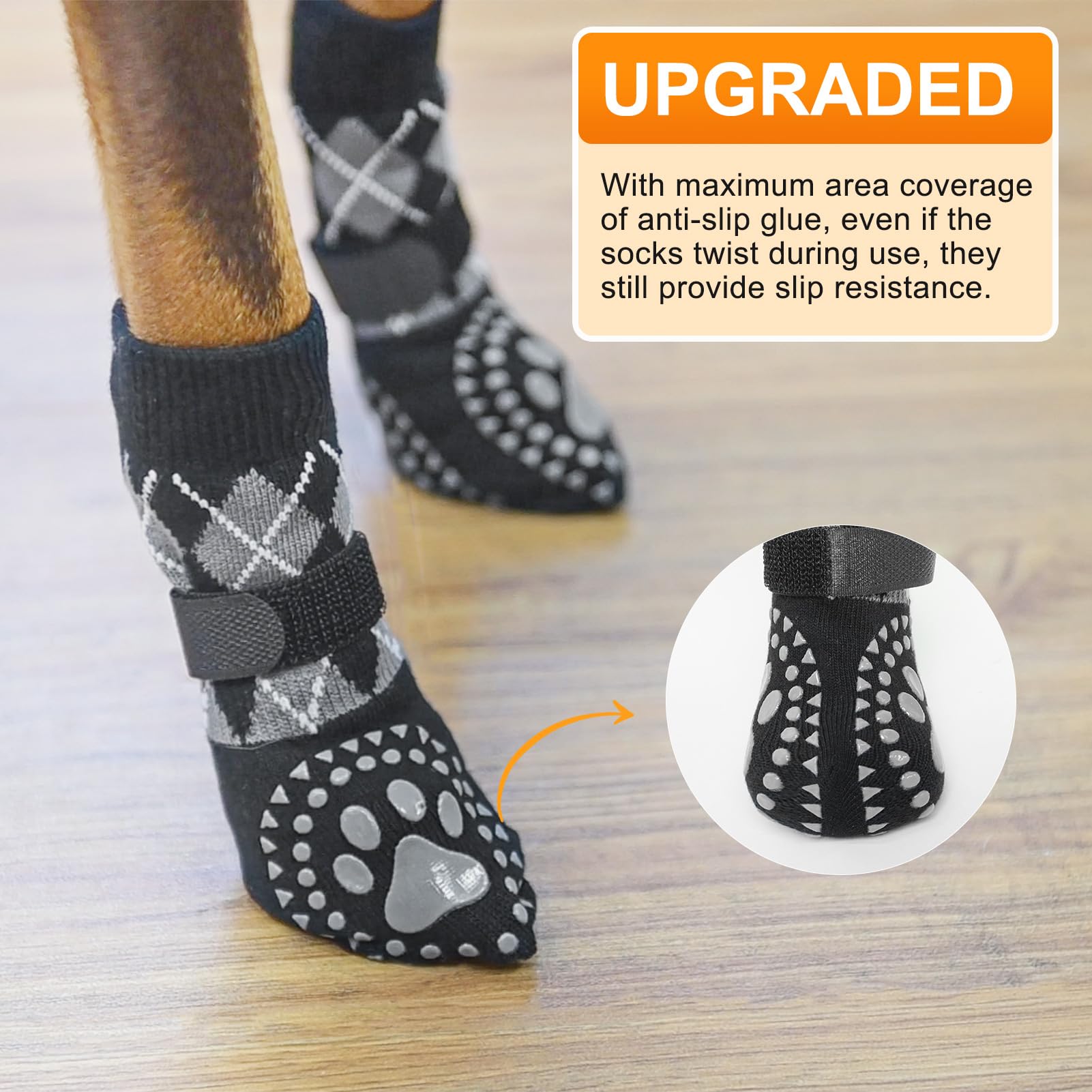 BEAUTYZOO dog socks on hardwood floors reduce noise and scuffs.