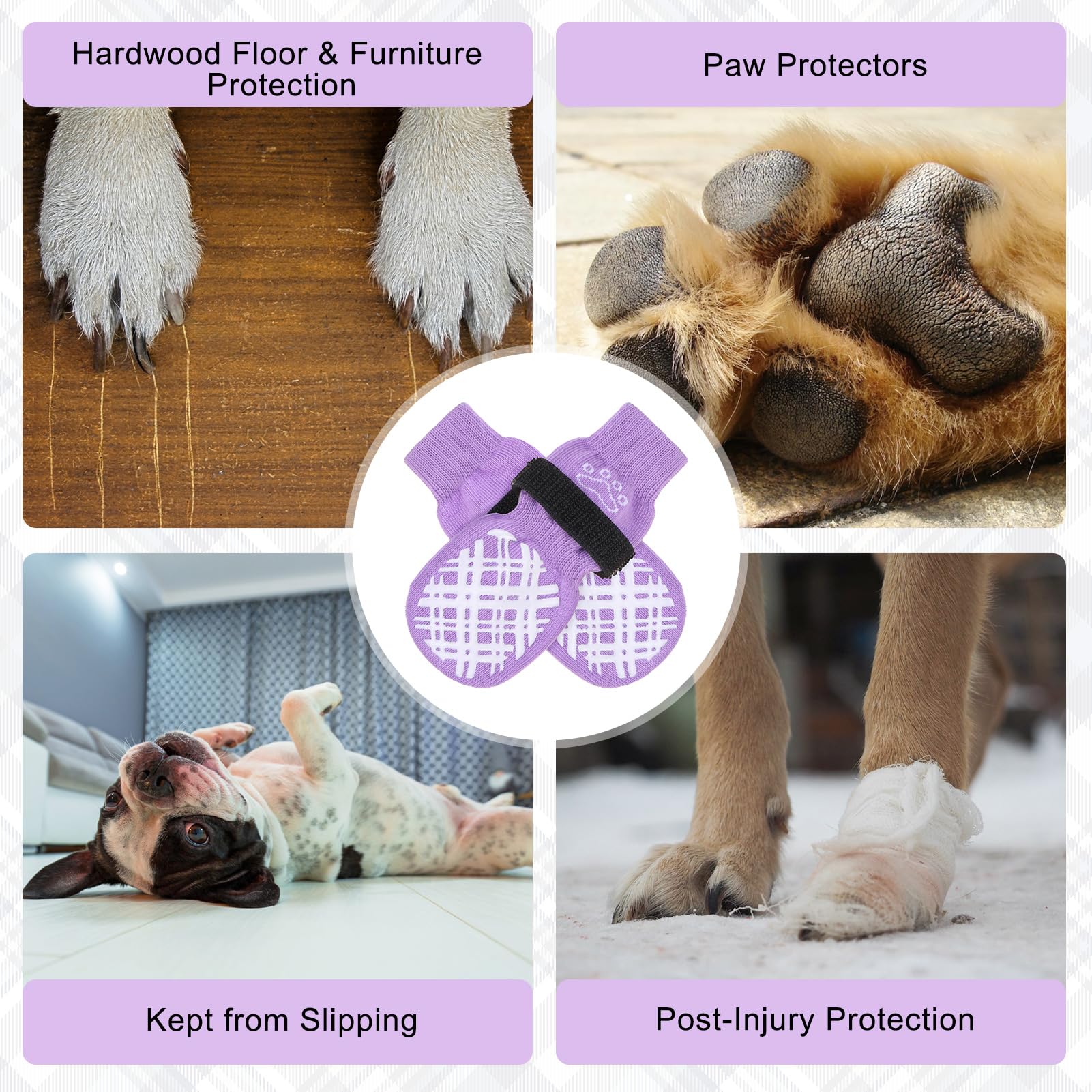 BEAUTYZOO dog socks for indoor use on wood and tile surfaces.