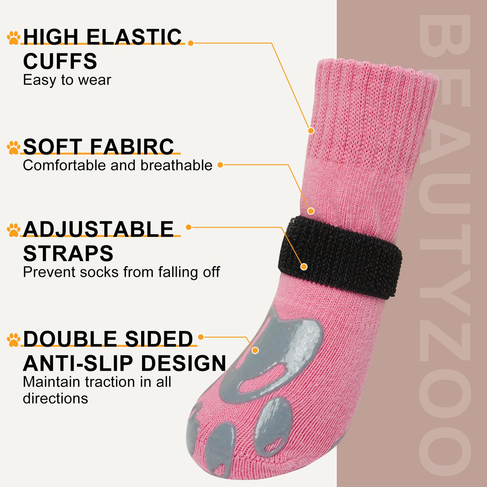 BEAUTYZOO dog socks offer non-slip traction on tile and wood floors.
