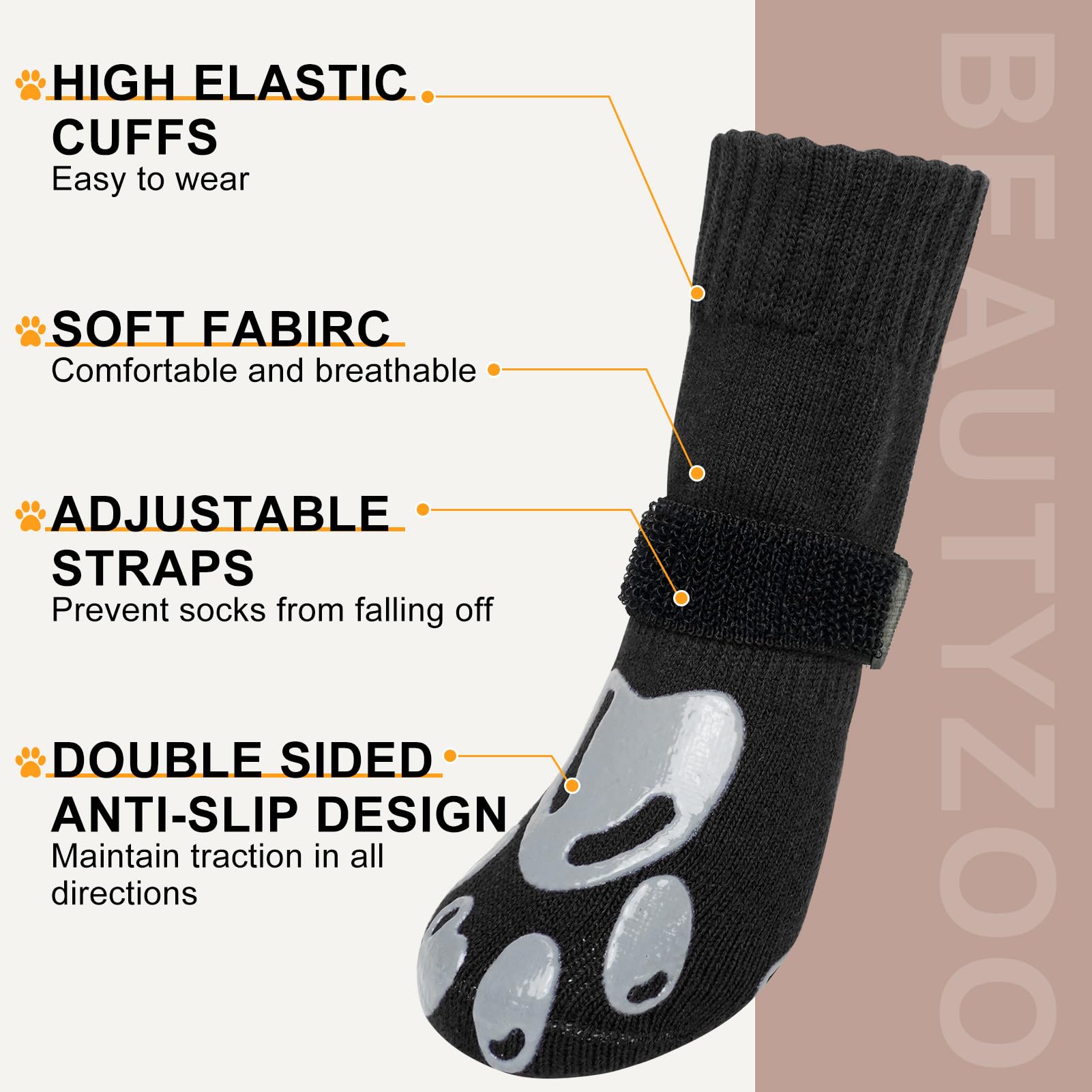 BEAUTYZOO dog socks feature non-slip paw-print grip for confident movement.