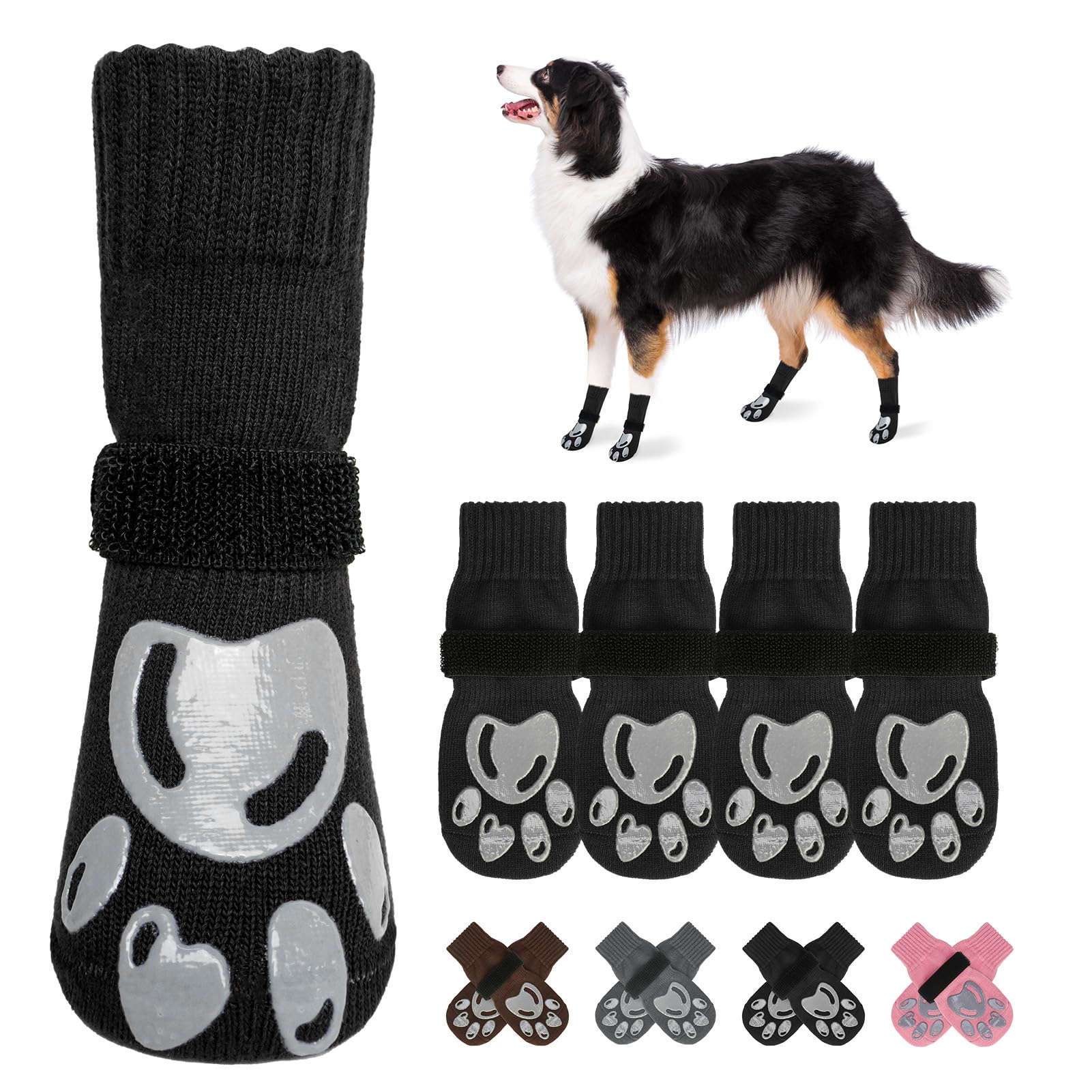 BEAUTYZOO dog socks with paw-print sole offer non-slip traction for hardwood floors.