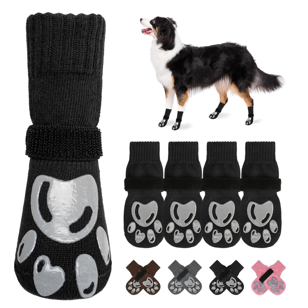 BEAUTYZOO dog socks with paw-print sole offer non-slip traction for hardwood floors.