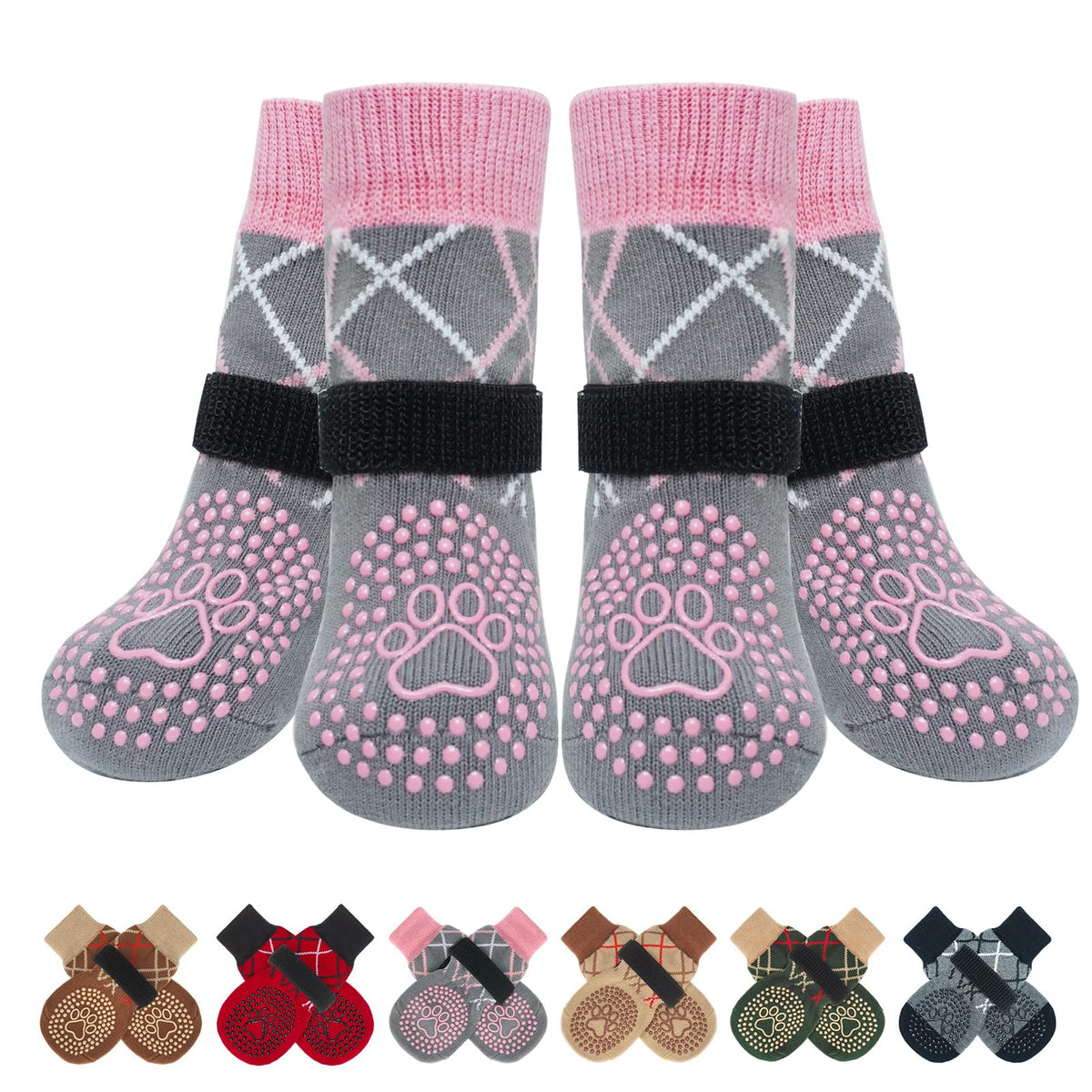 BEAUTYZOO dog socks pink and grey set front view for traction and paw protection.