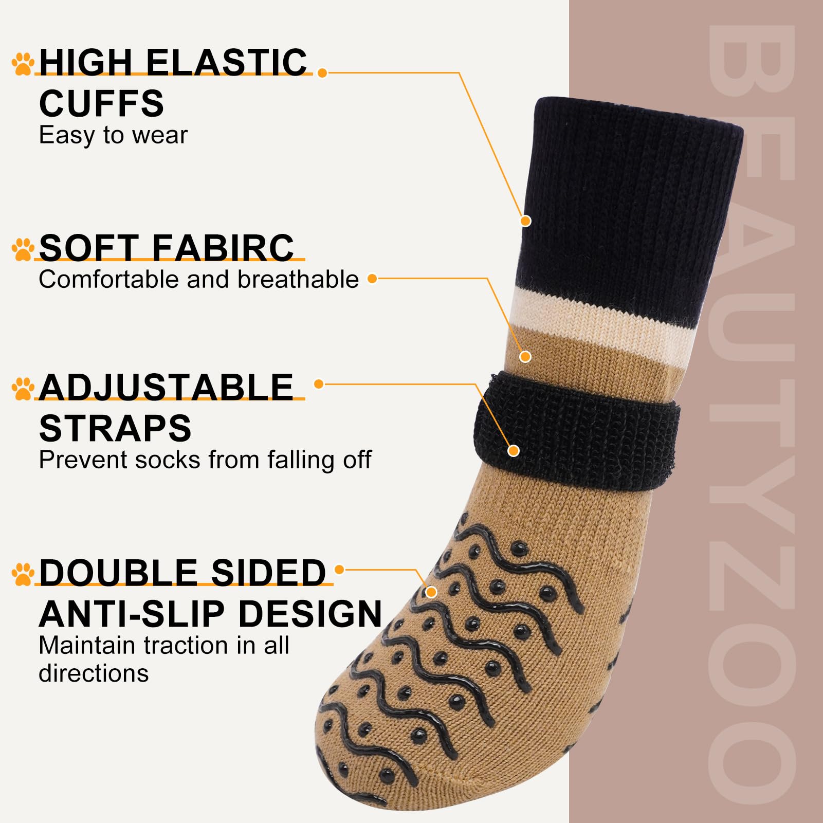 BEAUTYZOO Dog Socks secure-fit straps keep socks in place during play.
