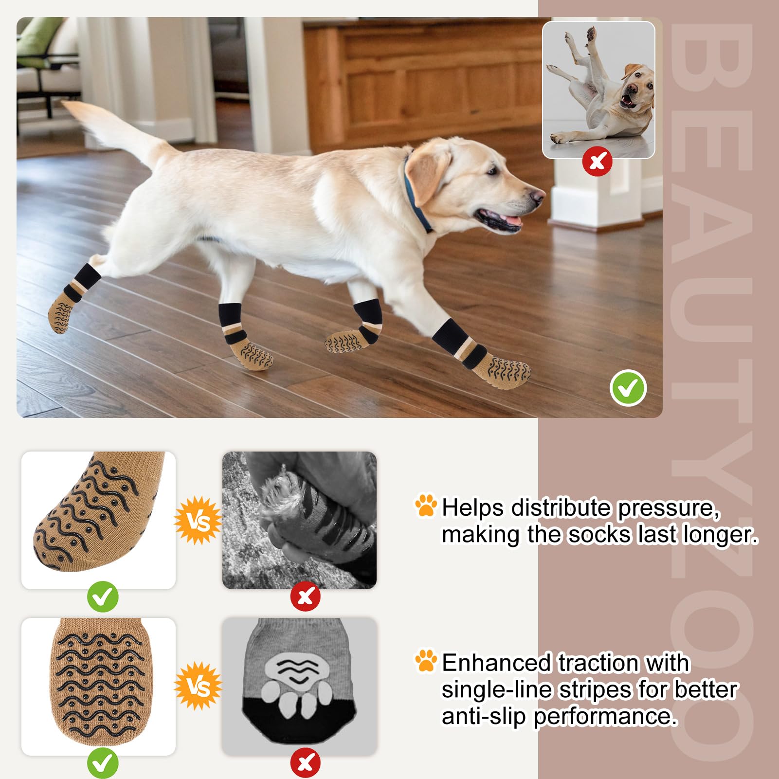 BEAUTYZOO dog socks with adjustable straps stay secure during activity