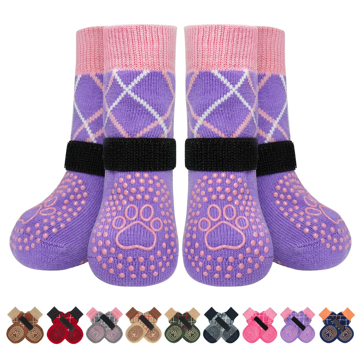 BEAUTYZOO dog socks set front view in purple show traction-friendly design.