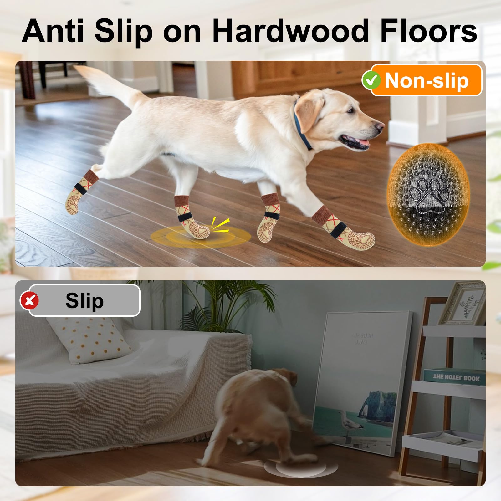 BEAUTYZOO dog socks on wood floor show strong grip for confident indoor movement.